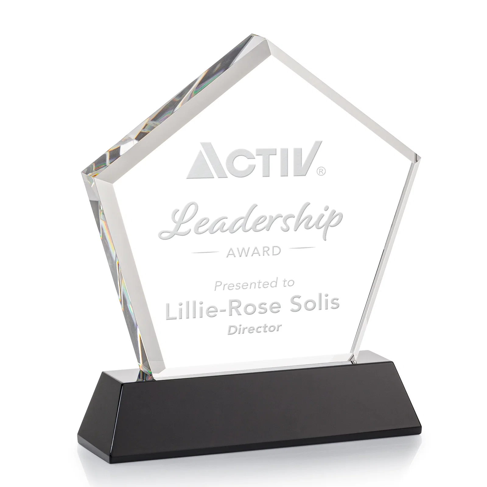 Custom printed Optical Crystal Pentagon Award with Beveled Frame on Tapered Base, awards for donor appreciation