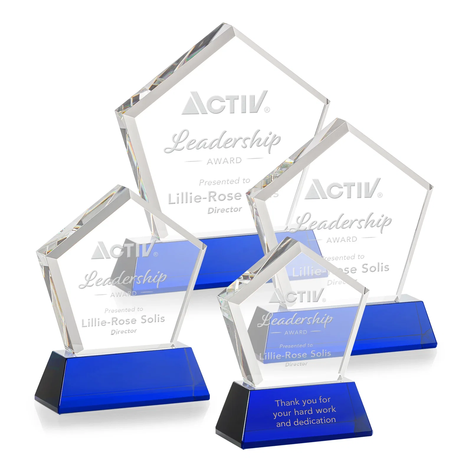 Custom printed Optical Crystal Pentagon Award with Beveled Frame on Tapered Base, awards for graduation ceremonies