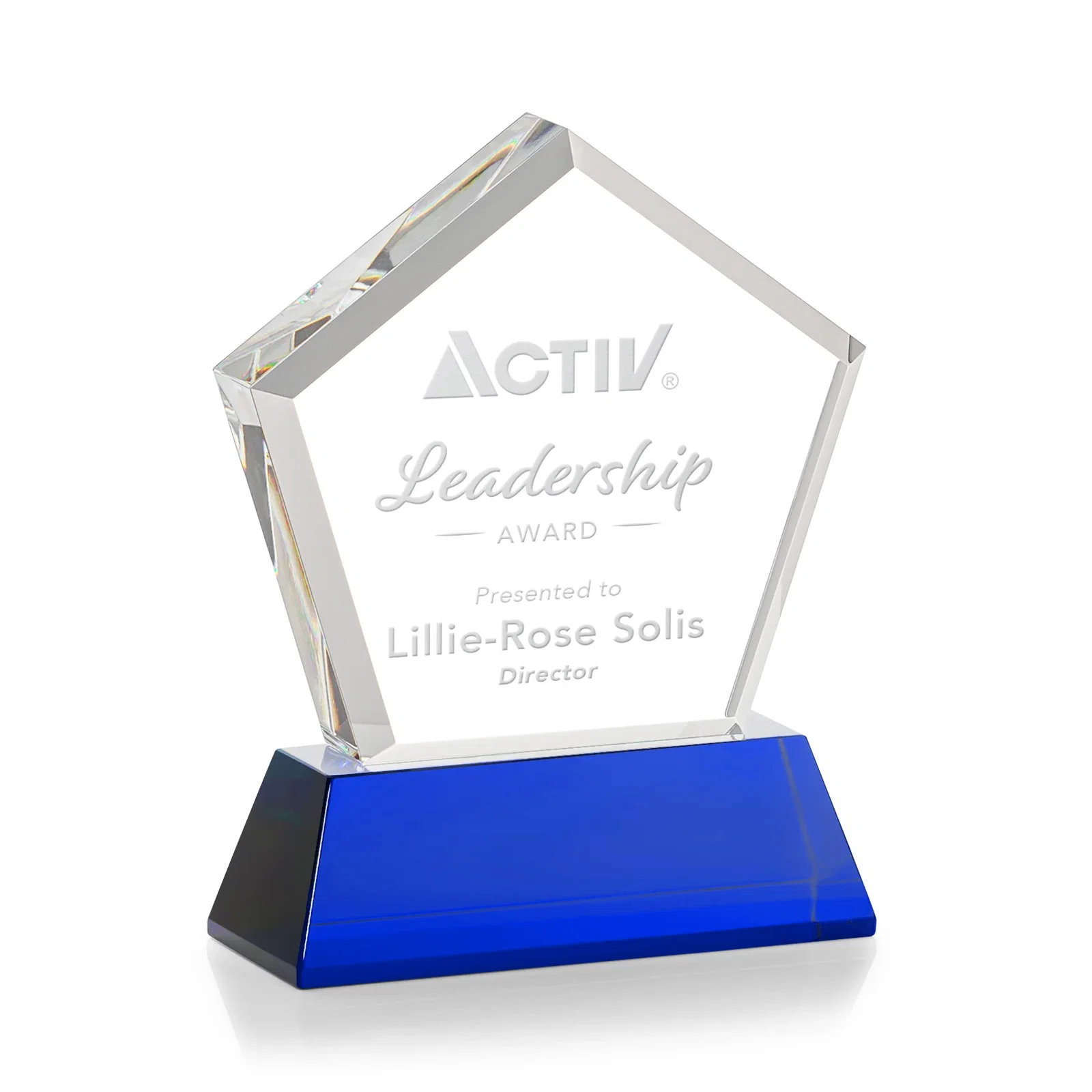 Custom printed Optical Crystal Pentagon Award with Beveled Frame on Tapered Base, awards for volunteer appreciation