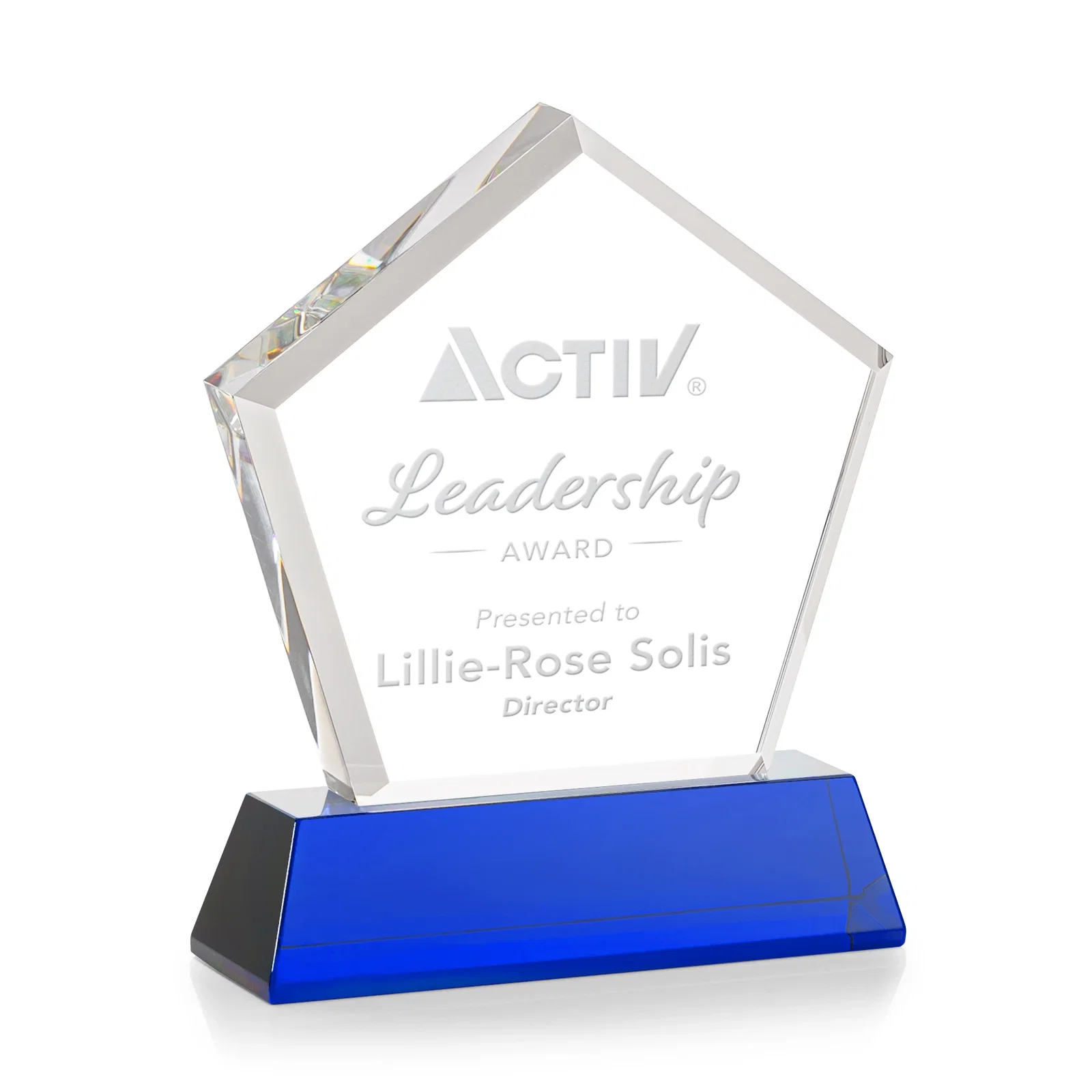 Custom printed Optical Crystal Pentagon Award with Beveled Frame on Tapered Base, awards for dealer and partner awards