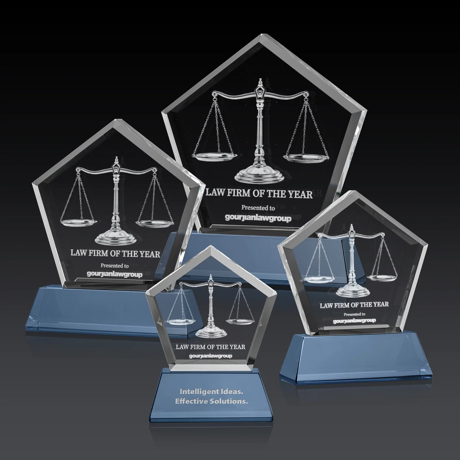 Custom Optical Crystal Pentagon Award with Beveled Frame on Tapered Base, awards for team milestone celebrations