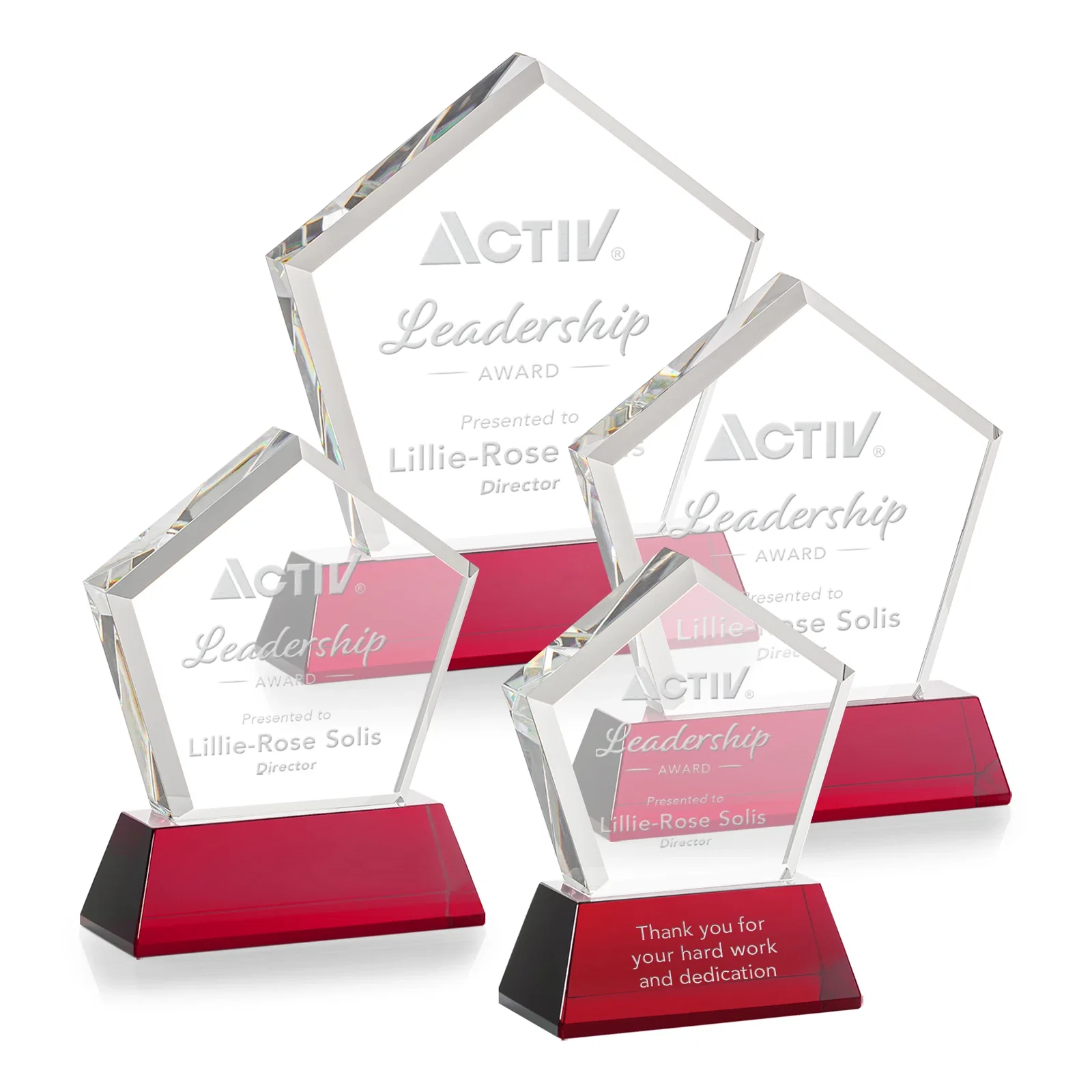 Customized Optical Crystal Pentagon Award with Beveled Frame on Tapered Base, awards for employee recognition