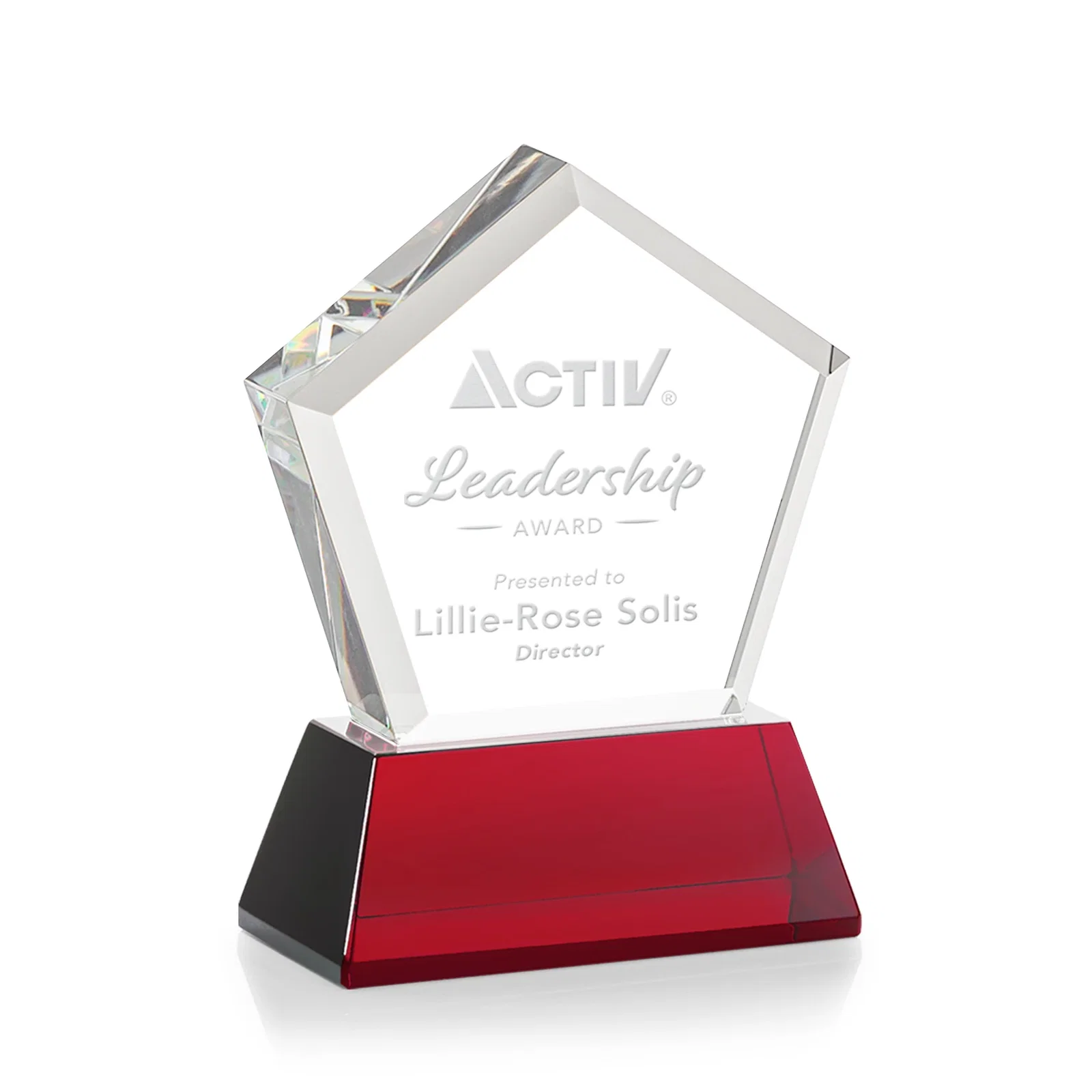 Customized Optical Crystal Pentagon Award with Beveled Frame on Tapered Base, awards for corporate award ceremonies