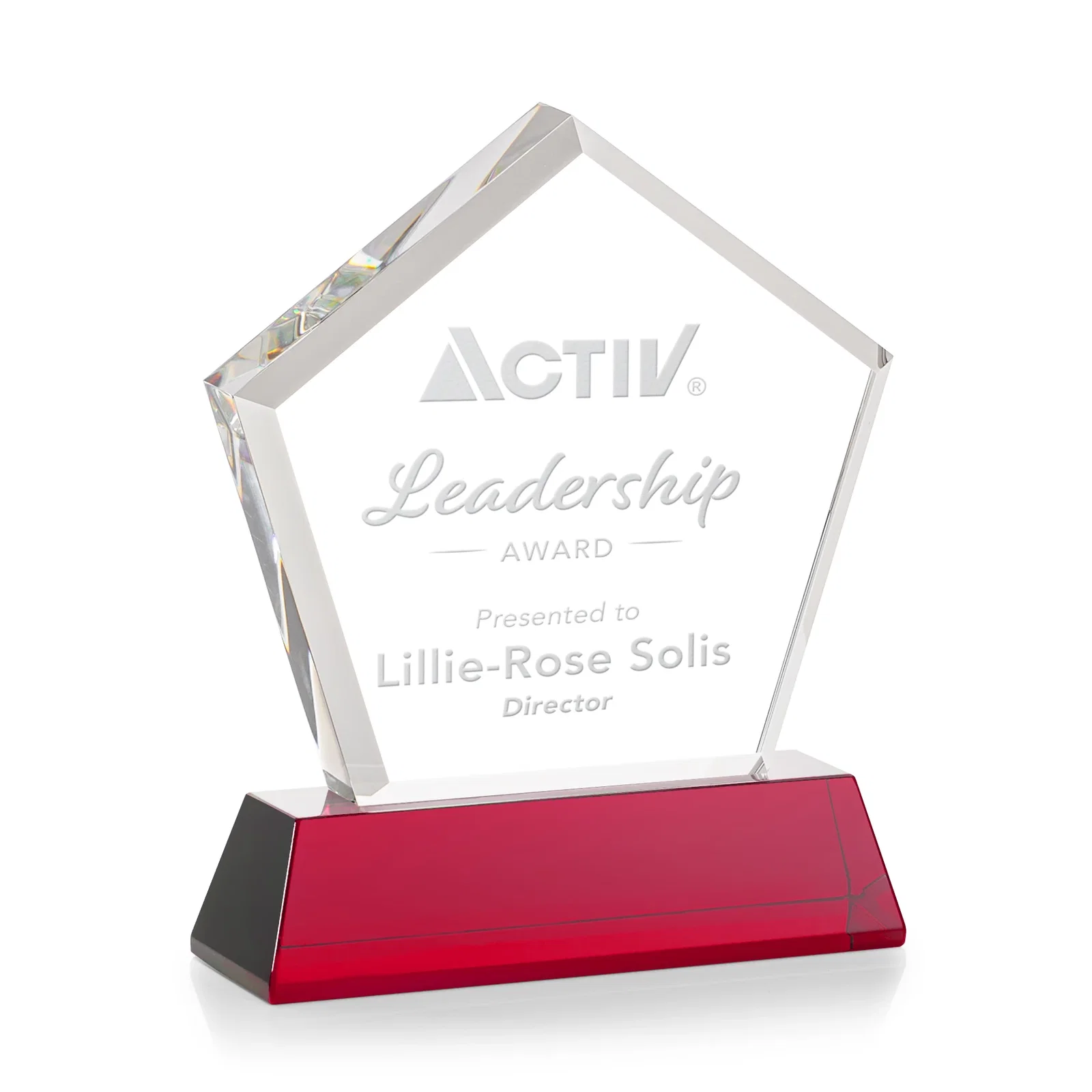 Customized Optical Crystal Pentagon Award with Beveled Frame on Tapered Base, awards for sales achievement awards