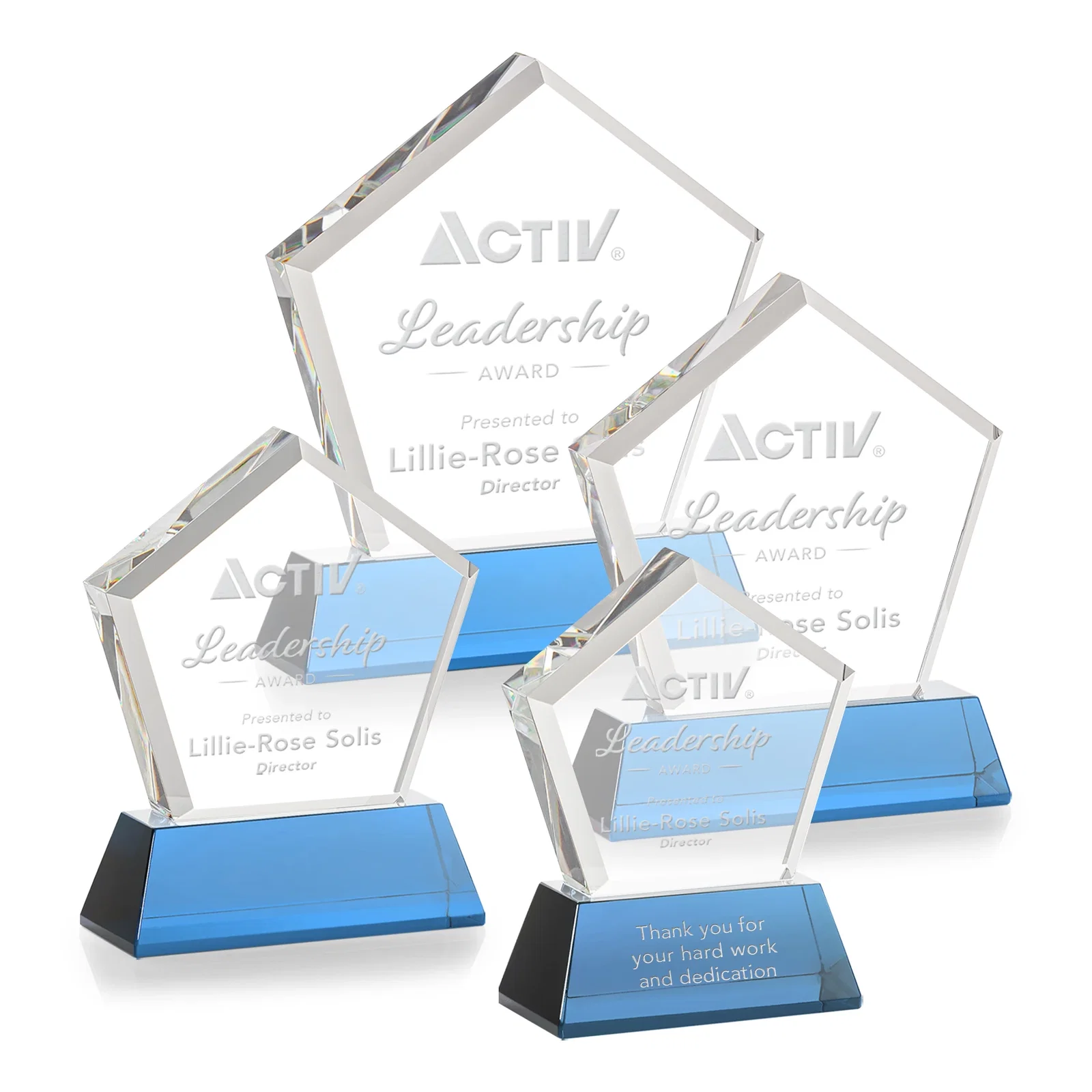Customized Optical Crystal Pentagon Award with Beveled Frame on Tapered Base, awards for team milestone celebrations