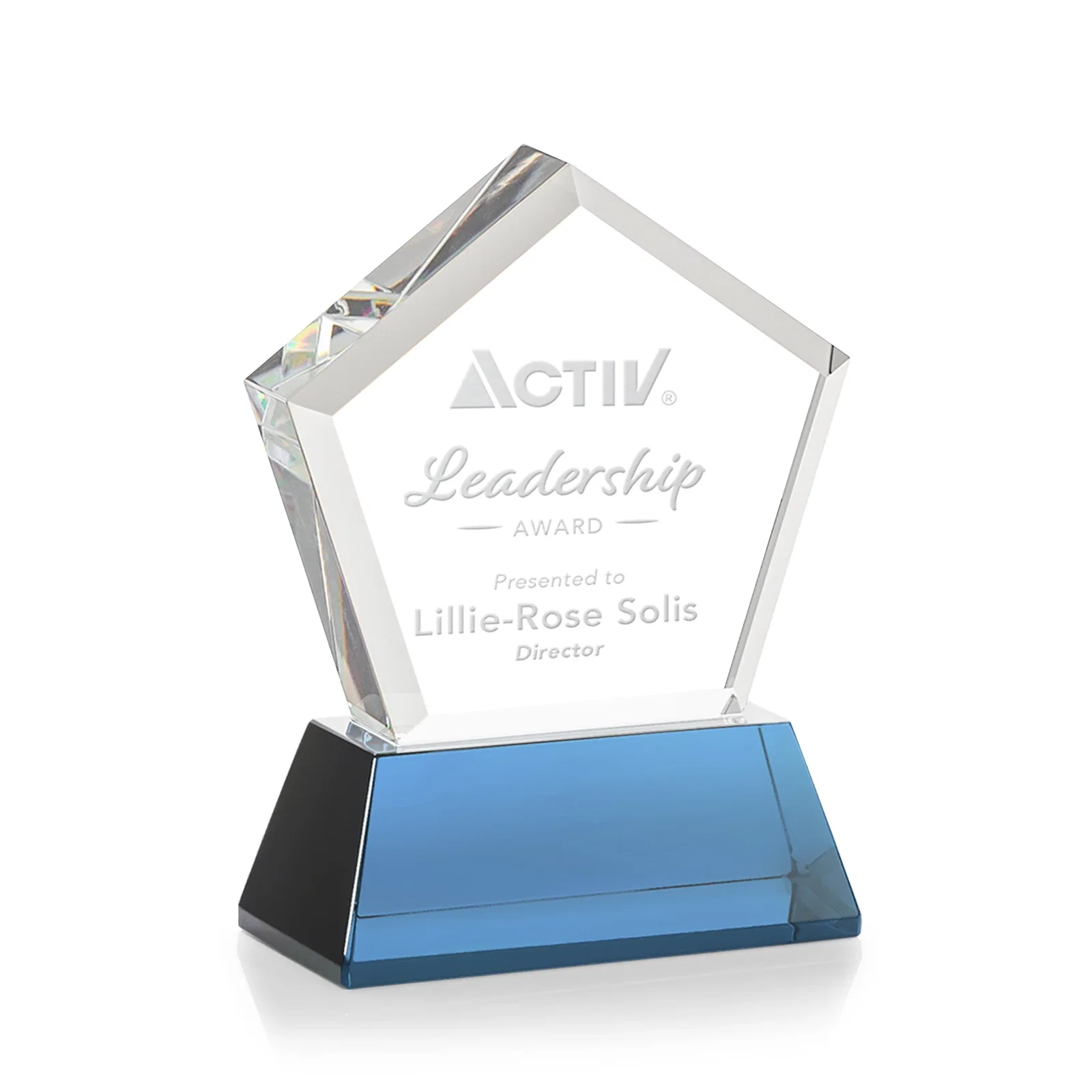 Customized Optical Crystal Pentagon Award with Beveled Frame on Tapered Base, awards for donor appreciation