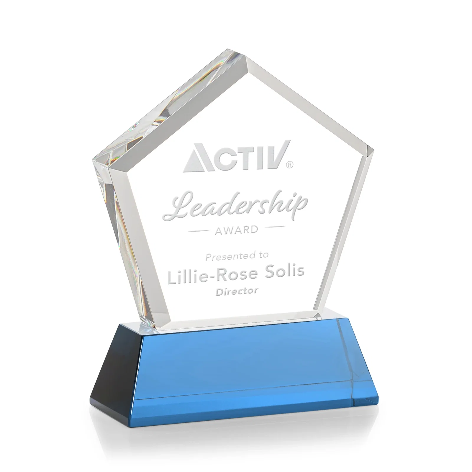 Customized Optical Crystal Pentagon Award with Beveled Frame on Tapered Base, awards for graduation ceremonies