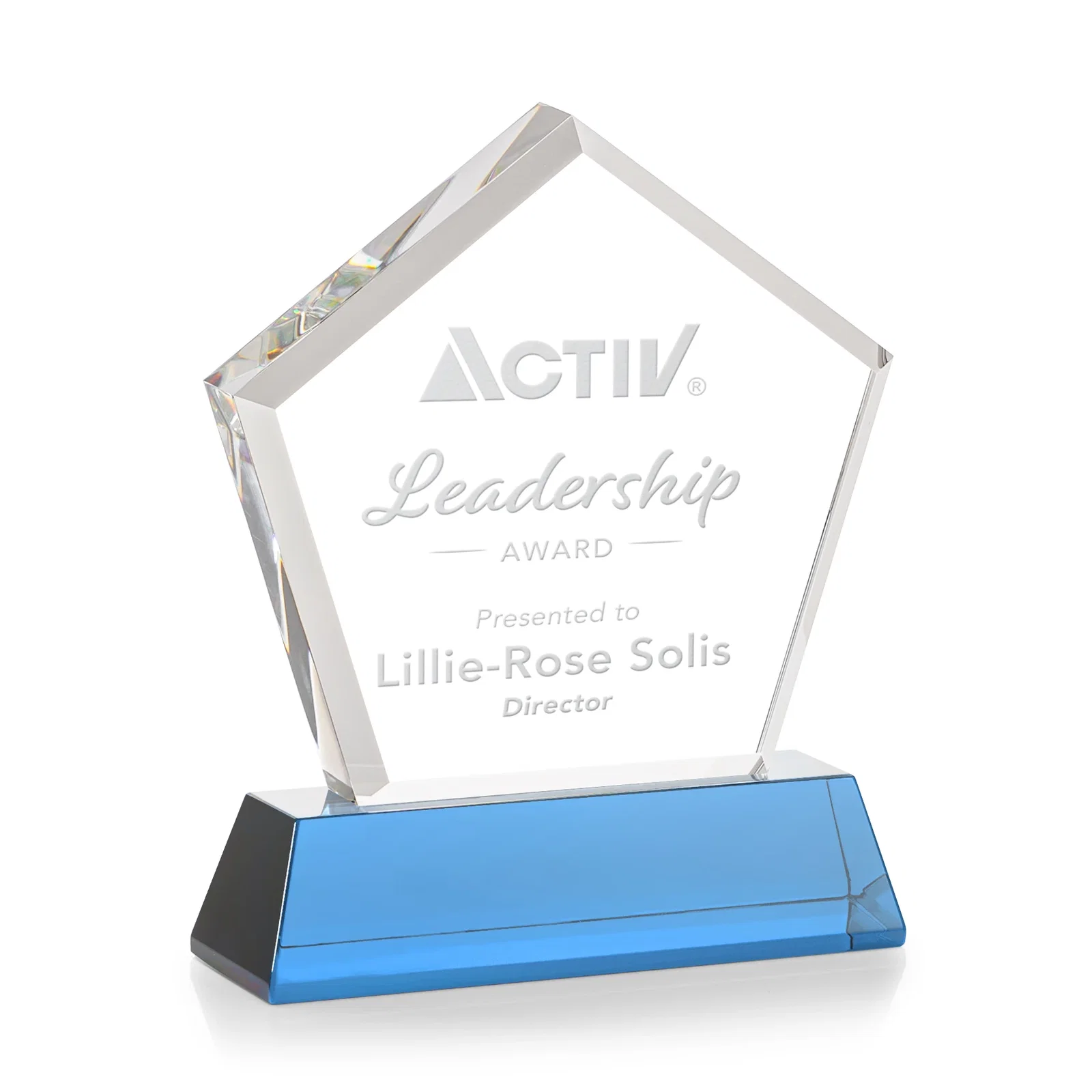 Customized Optical Crystal Pentagon Award with Beveled Frame on Tapered Base, awards for safety achievement programs