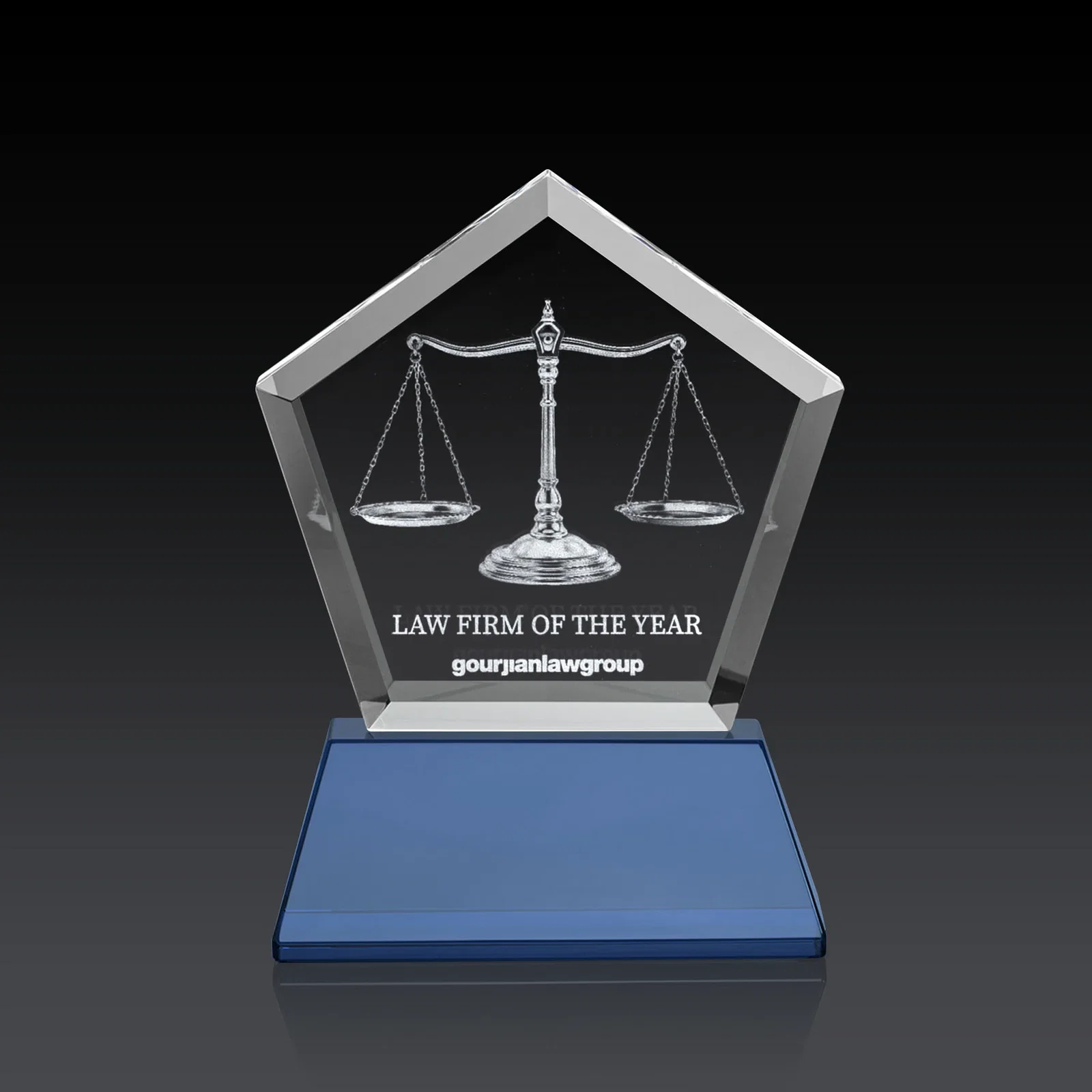 Custom Optical Crystal Pentagon Award with Beveled Frame on Tapered Base, awards for donor appreciation