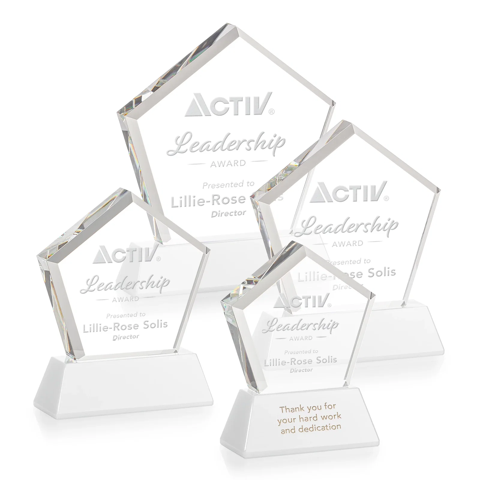 Customized Optical Crystal Pentagon Award with Beveled Frame on Tapered Base, awards for dealer and partner awards