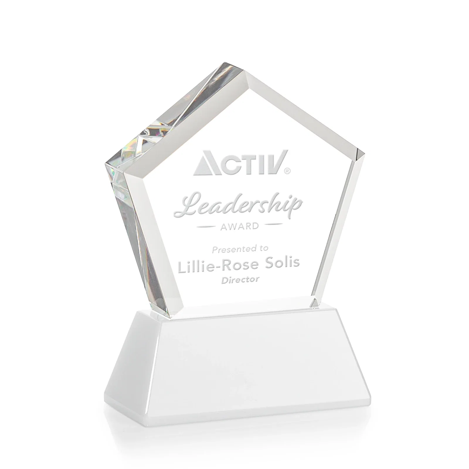 Customized Optical Crystal Pentagon Award with Beveled Frame on Tapered Base, awards for company anniversary events