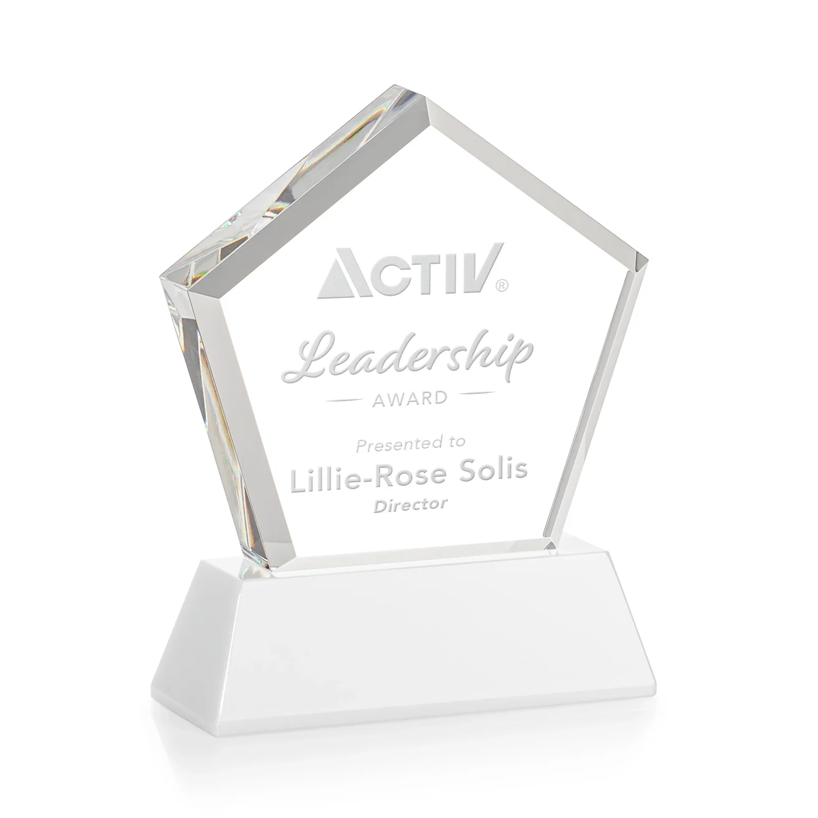 Custom engraved Optical Crystal Pentagon Award with Beveled Frame on Tapered Base, awards for employee recognition