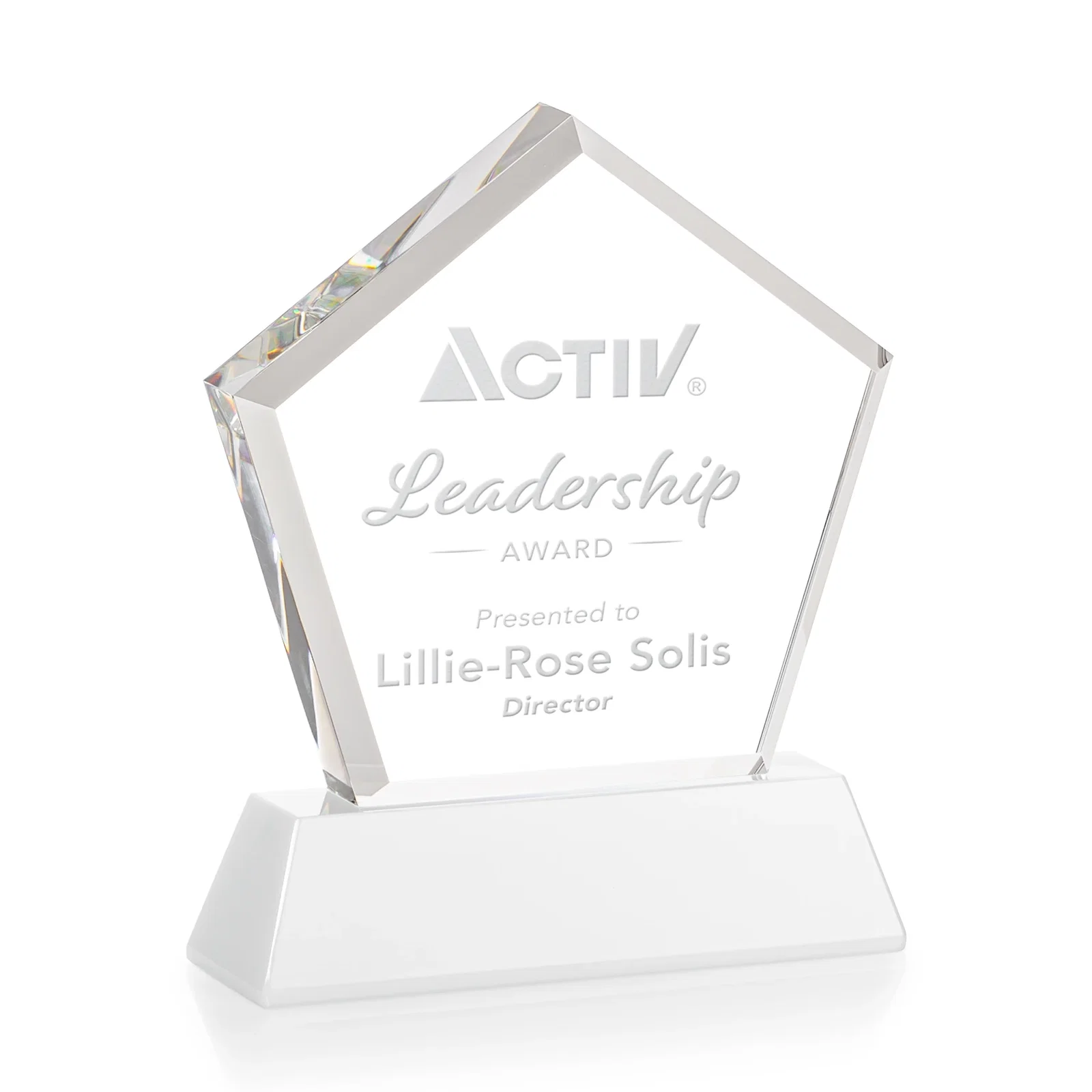 Custom engraved Optical Crystal Pentagon Award with Beveled Frame on Tapered Base, awards for corporate award ceremonies