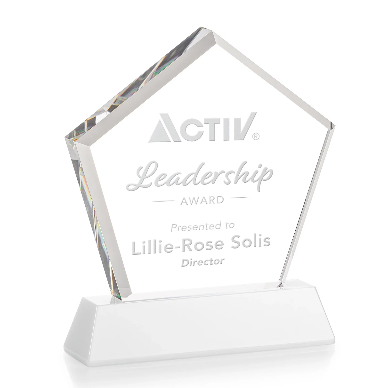 Custom engraved Optical Crystal Pentagon Award with Beveled Frame on Tapered Base, awards for service anniversary gifts