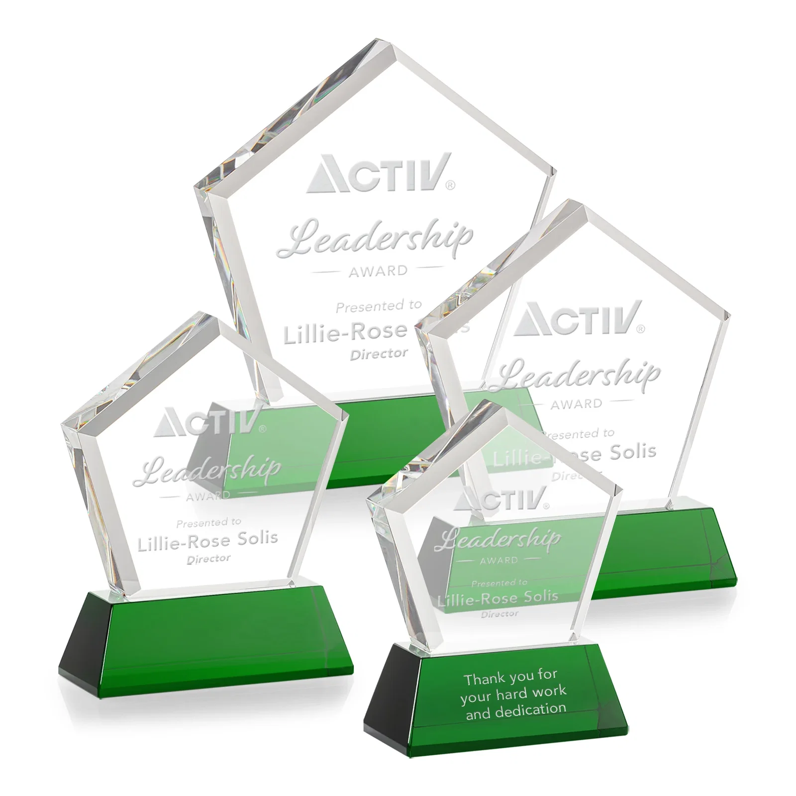 Custom engraved Optical Crystal Pentagon Award with Beveled Frame on Tapered Base, awards for sales achievement awards