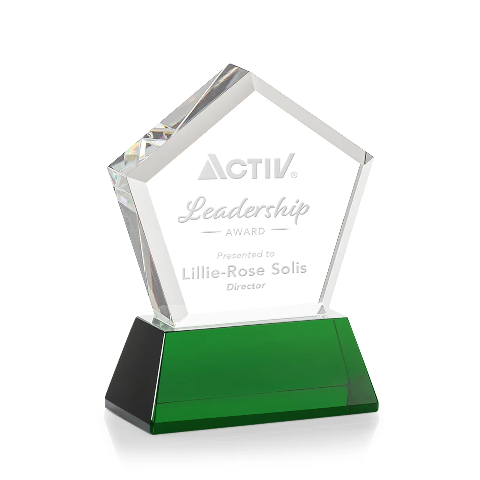 Custom engraved Optical Crystal Pentagon Award with Beveled Frame on Tapered Base, awards for retirement presentations