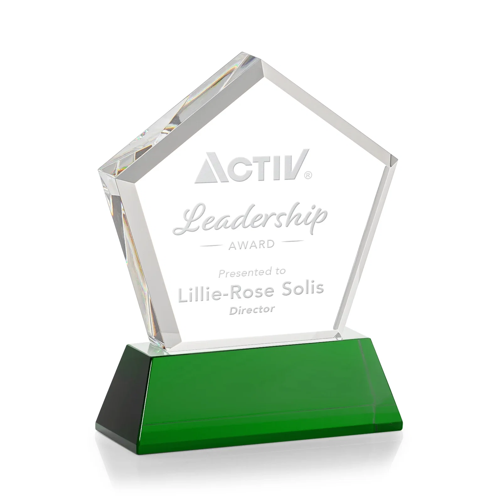 Custom engraved Optical Crystal Pentagon Award with Beveled Frame on Tapered Base, awards for team milestone celebrations