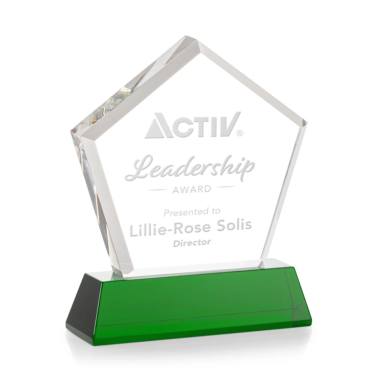 Custom engraved Optical Crystal Pentagon Award with Beveled Frame on Tapered Base, awards for donor appreciation