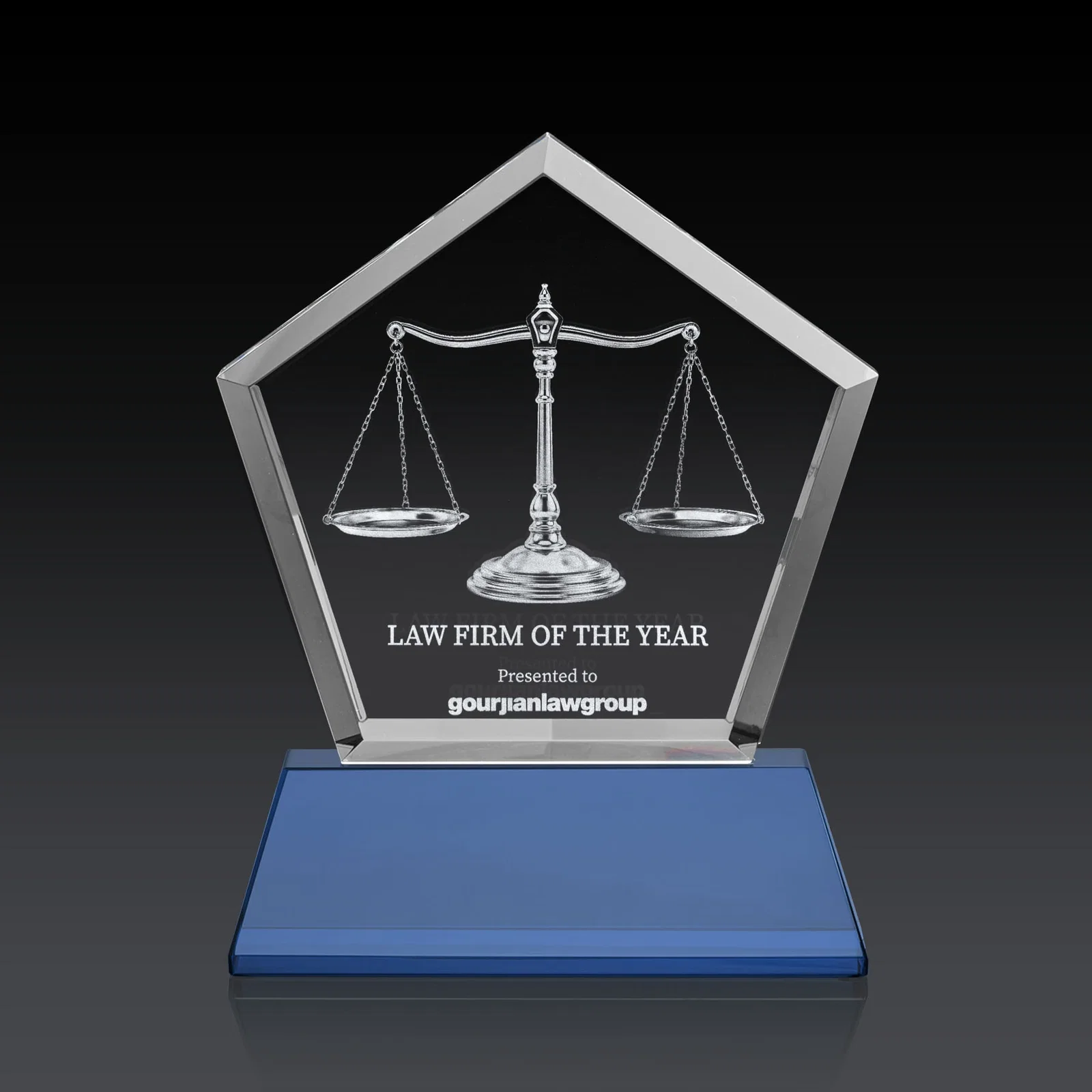 Custom Optical Crystal Pentagon Award with Beveled Frame on Tapered Base, awards for graduation ceremonies