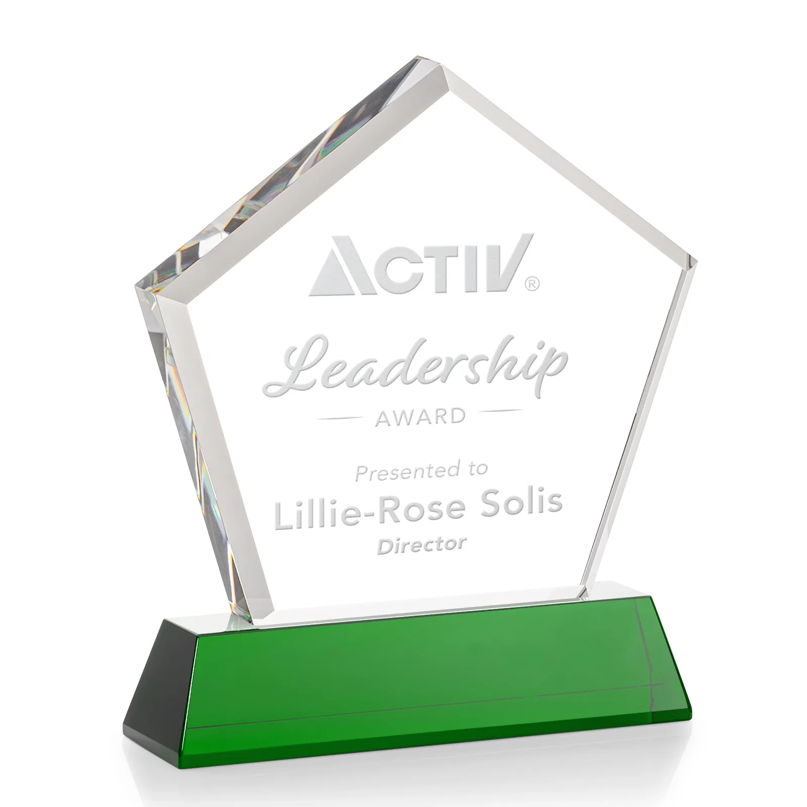 Custom engraved Optical Crystal Pentagon Award with Beveled Frame on Tapered Base, awards for graduation ceremonies