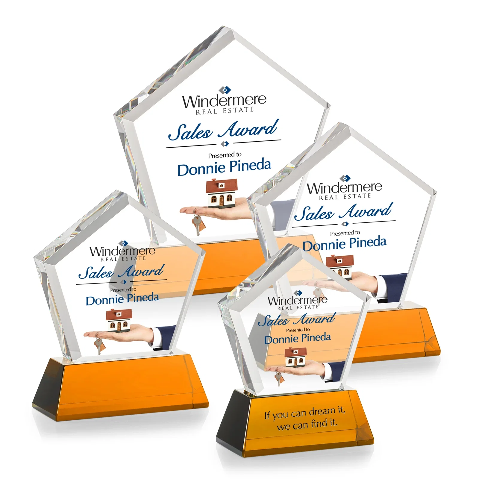 Custom engraved Optical Crystal Pentagon Award with Beveled Frame on Tapered Base, awards for safety achievement programs