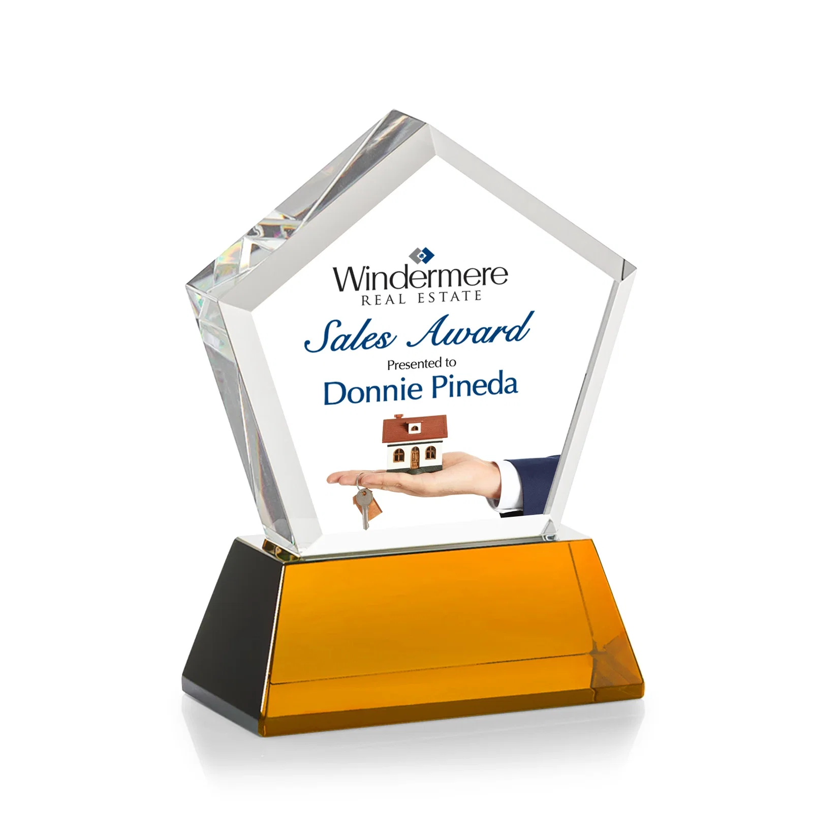 Custom engraved Optical Crystal Pentagon Award with Beveled Frame on Tapered Base, awards for volunteer appreciation