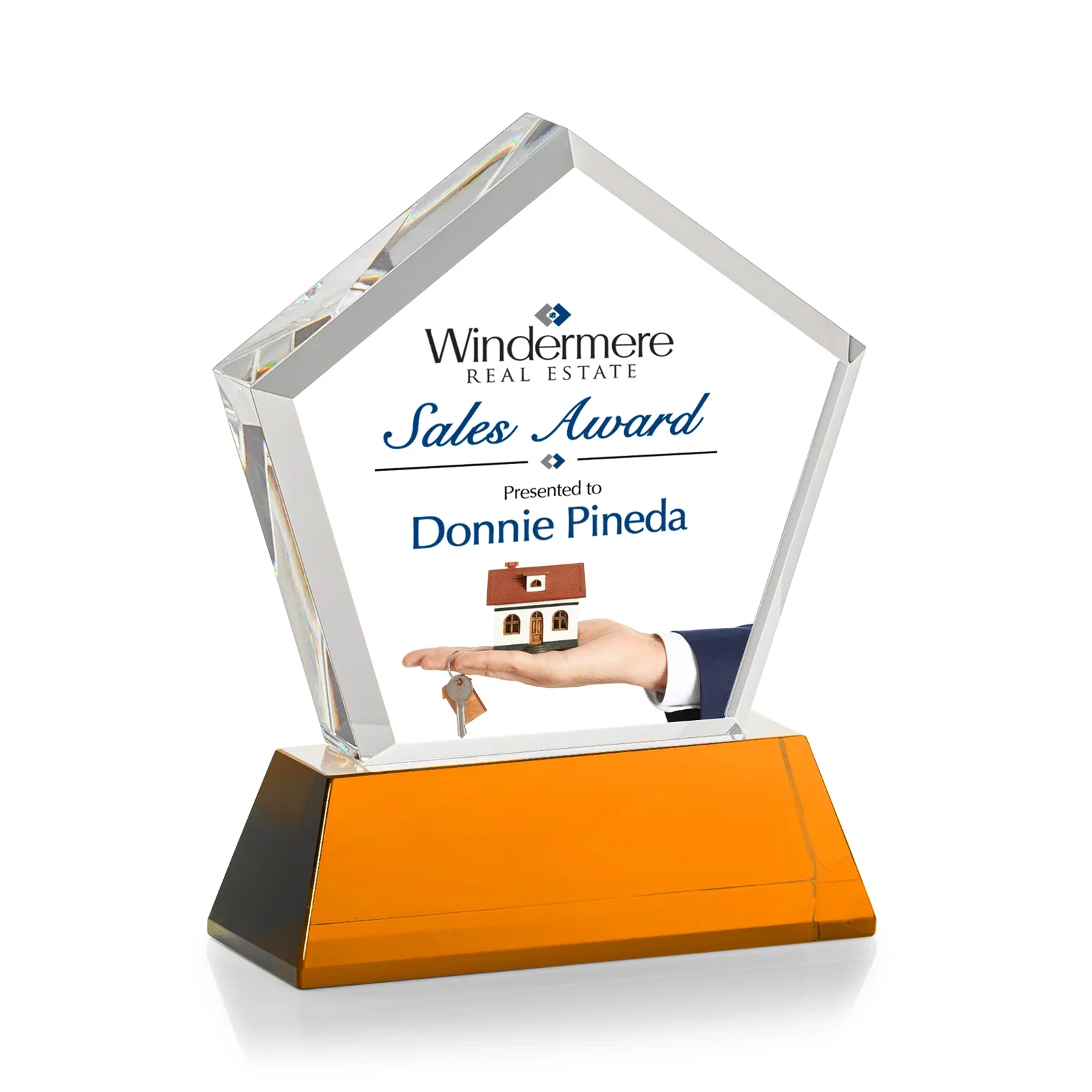 Custom engraved Optical Crystal Pentagon Award with Beveled Frame on Tapered Base, awards for dealer and partner awards