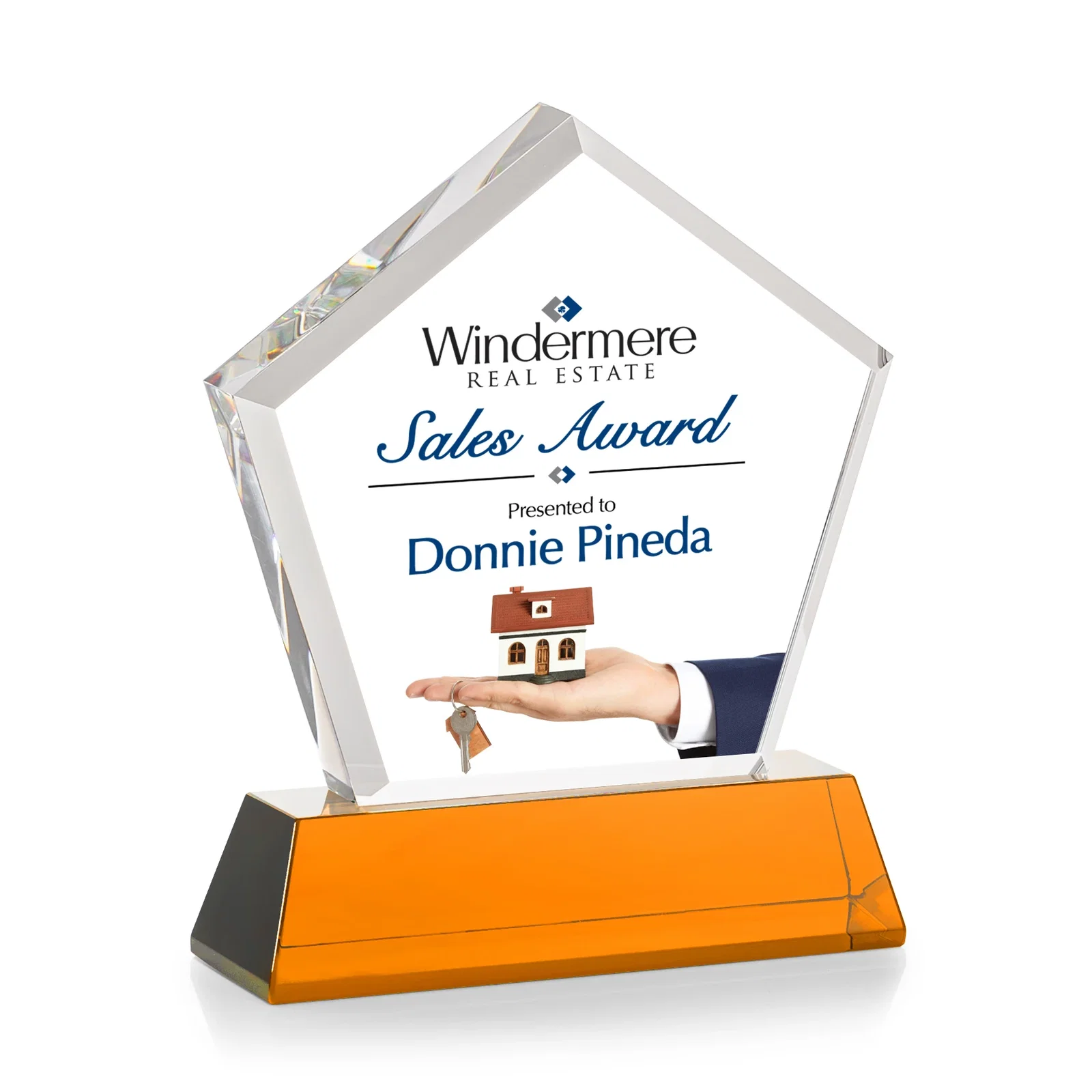 Custom engraved Optical Crystal Pentagon Award with Beveled Frame on Tapered Base, awards for company anniversary events