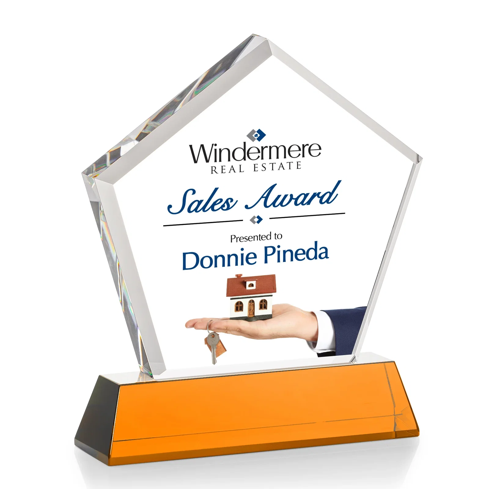 Custom Optical Crystal Pentagon Award with Beveled Frame on Tapered Base, awards, with your logo for employee recognition