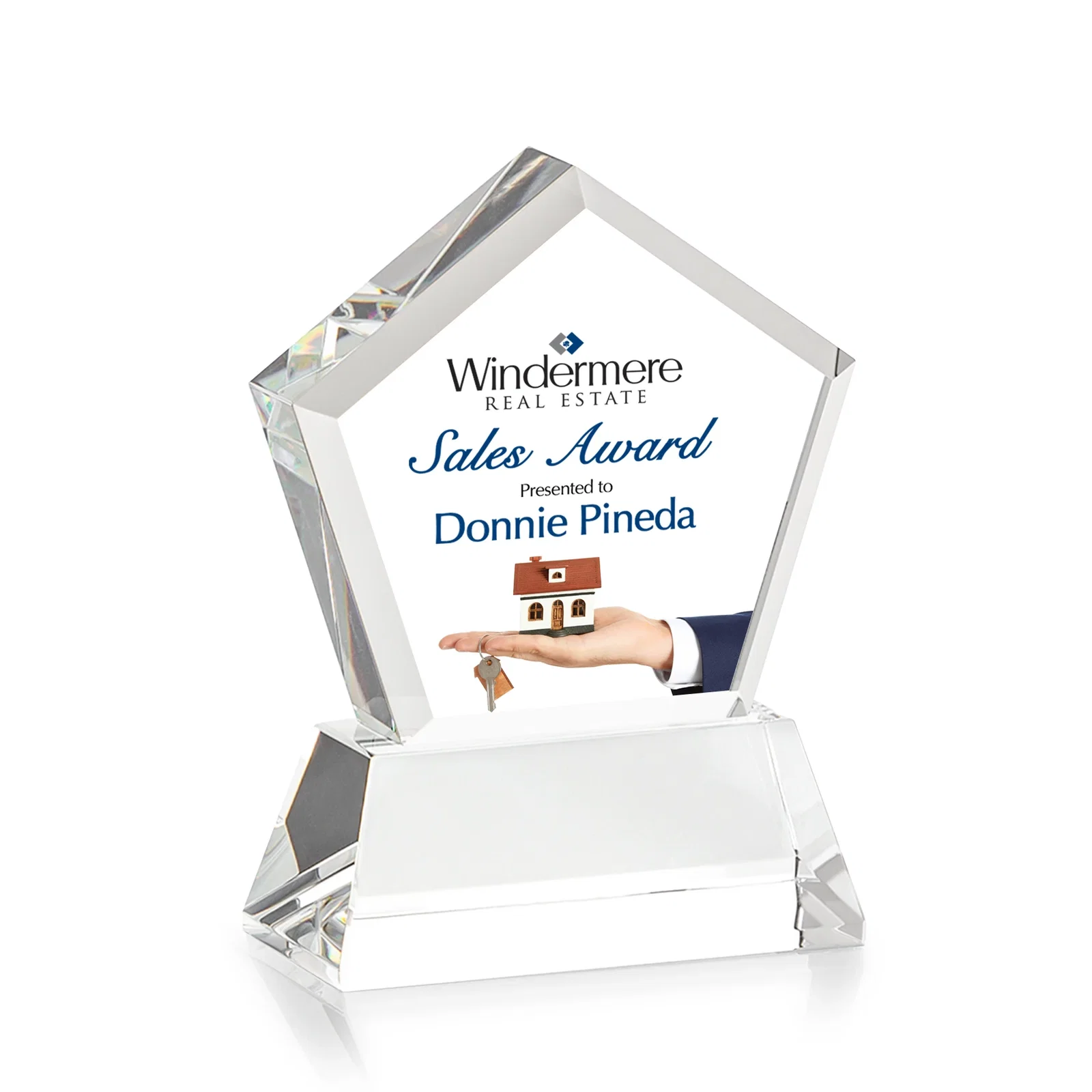Custom Optical Crystal Pentagon Award with Beveled Frame on Tapered Base, awards, with your logo for service anniversary gifts