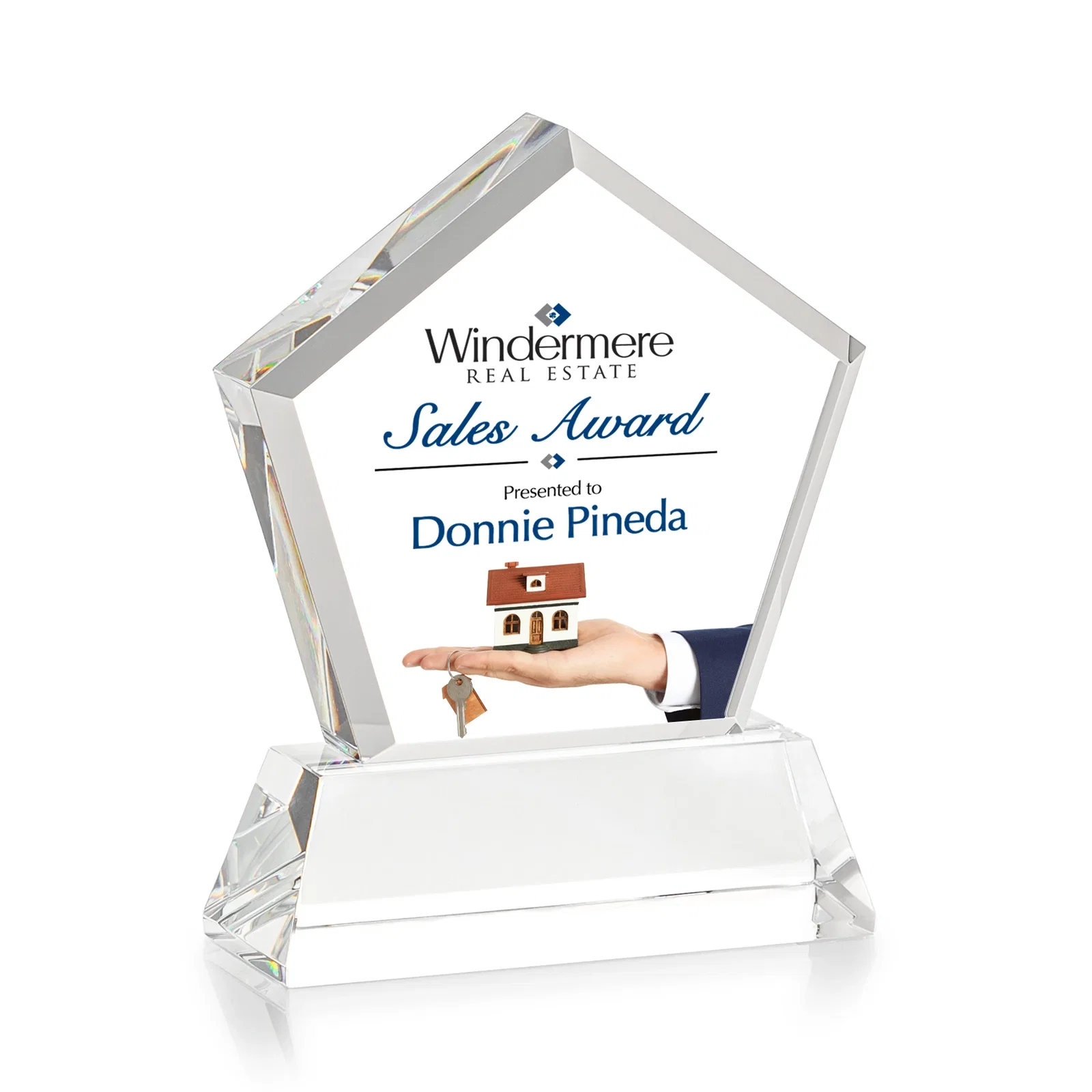 Custom Optical Crystal Pentagon Award with Beveled Frame on Tapered Base, awards, with your logo for sales achievement awards