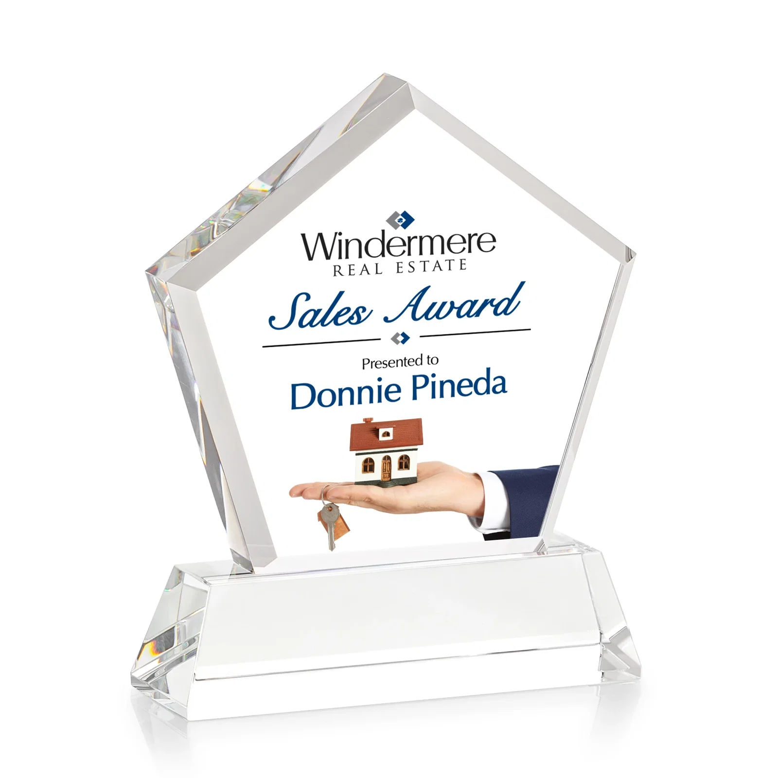 Custom Optical Crystal Pentagon Award with Beveled Frame on Tapered Base, awards, with your logo for retirement presentations