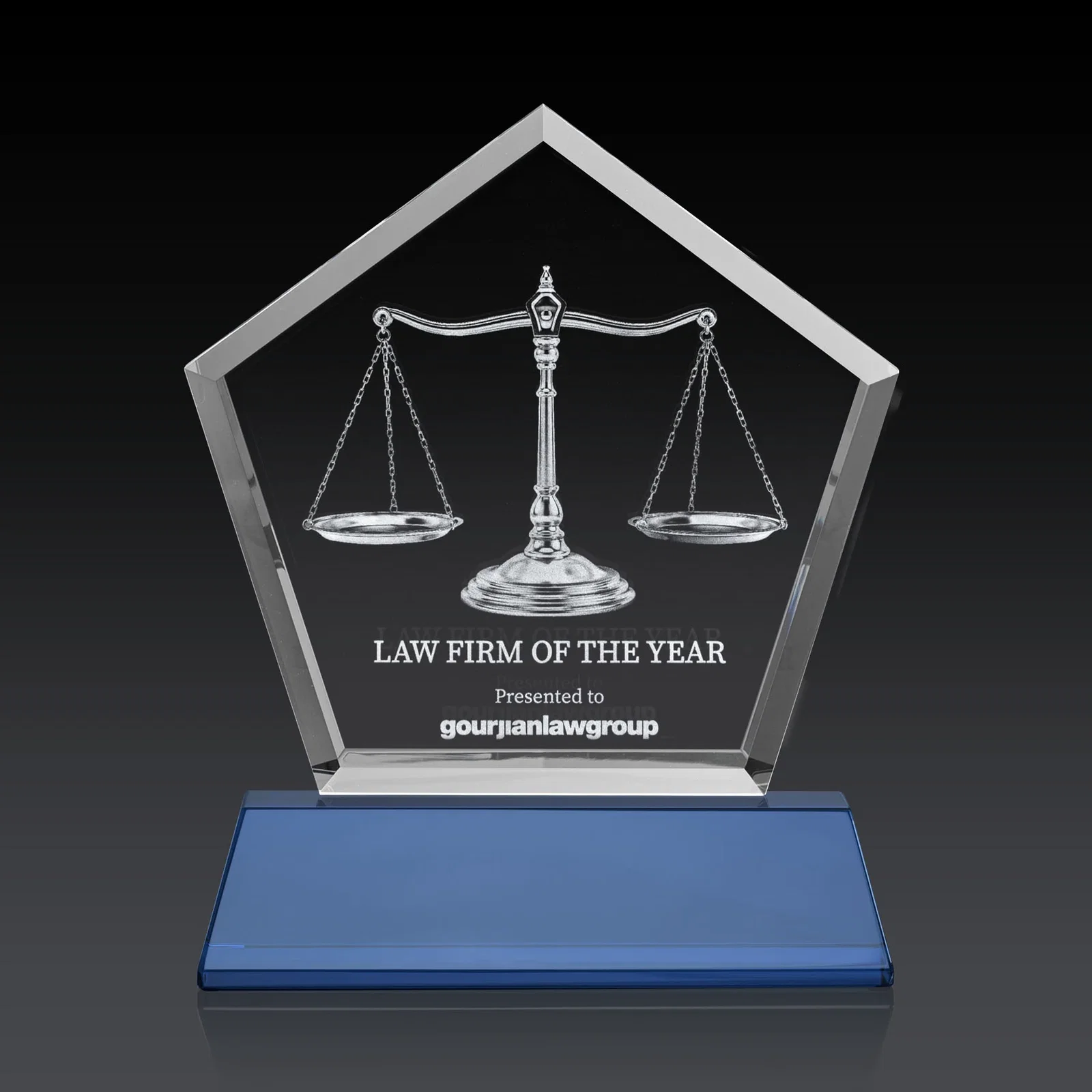 Custom Optical Crystal Pentagon Award with Beveled Frame on Tapered Base, awards for safety achievement programs