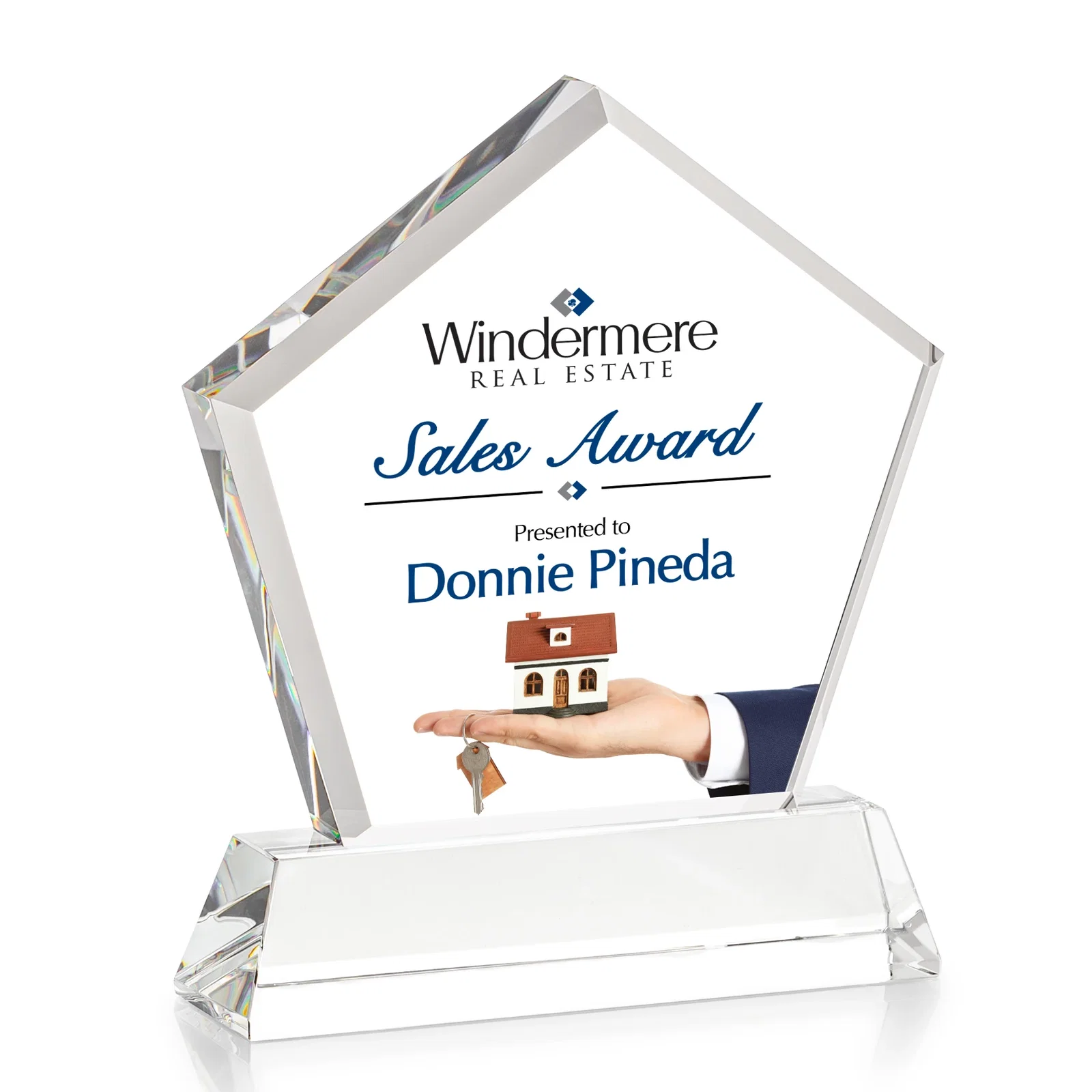 Custom Optical Crystal Pentagon Award with Beveled Frame on Tapered Base, awards, with your logo for team milestone celebrations