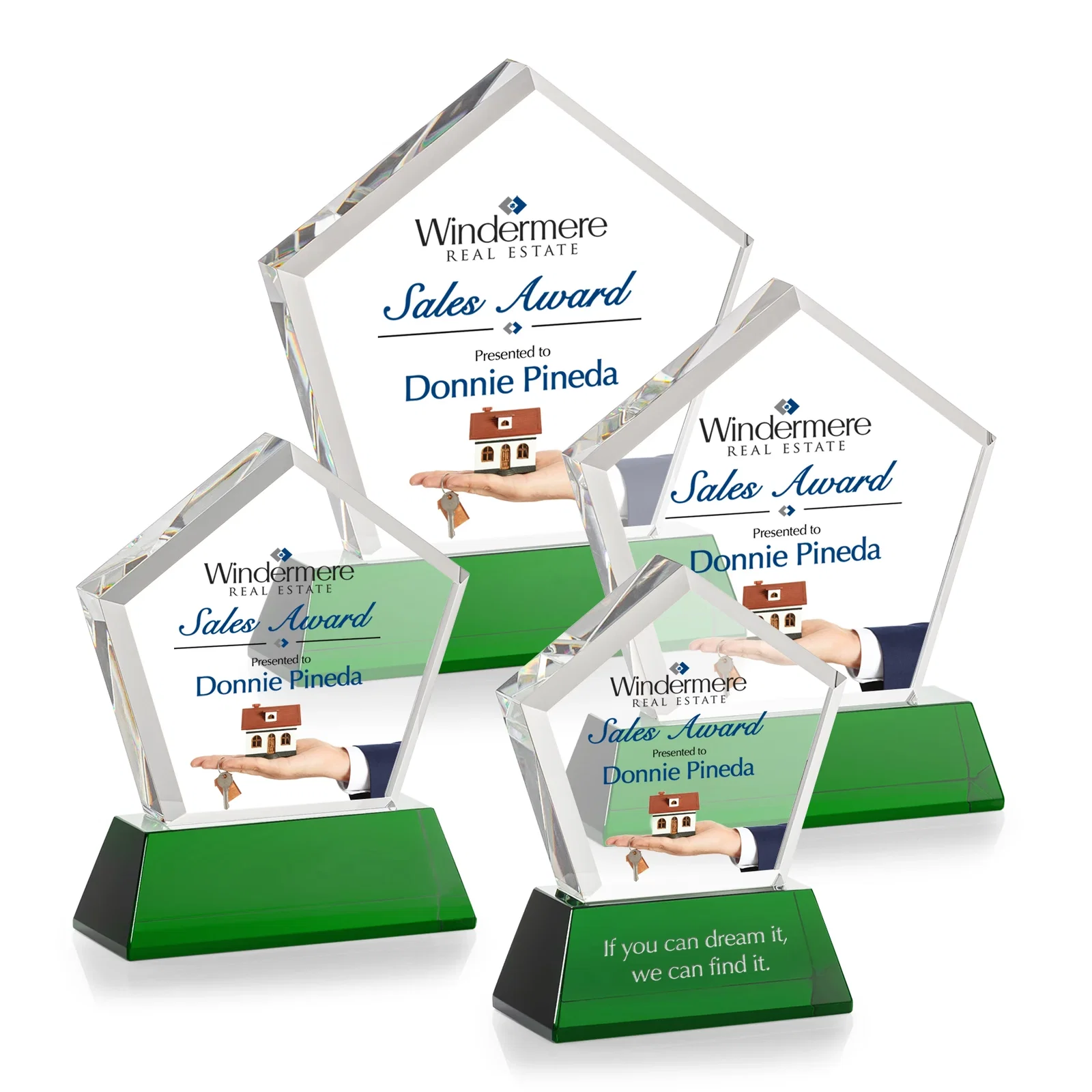 Custom Optical Crystal Pentagon Award with Beveled Frame on Tapered Base, awards, with your logo for donor appreciation