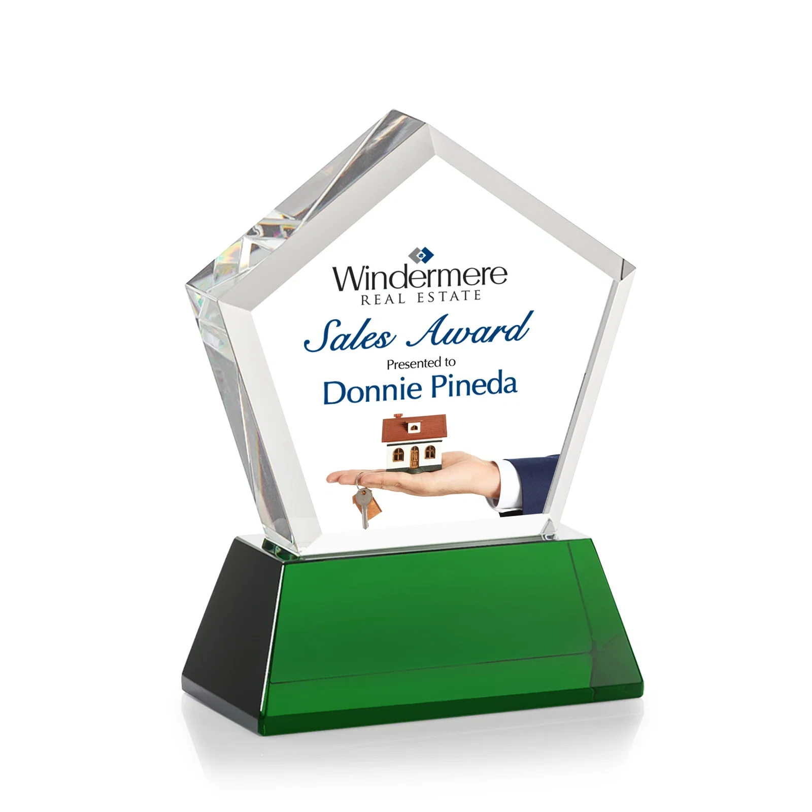 Custom Optical Crystal Pentagon Award with Beveled Frame on Tapered Base, awards, with your logo for graduation ceremonies