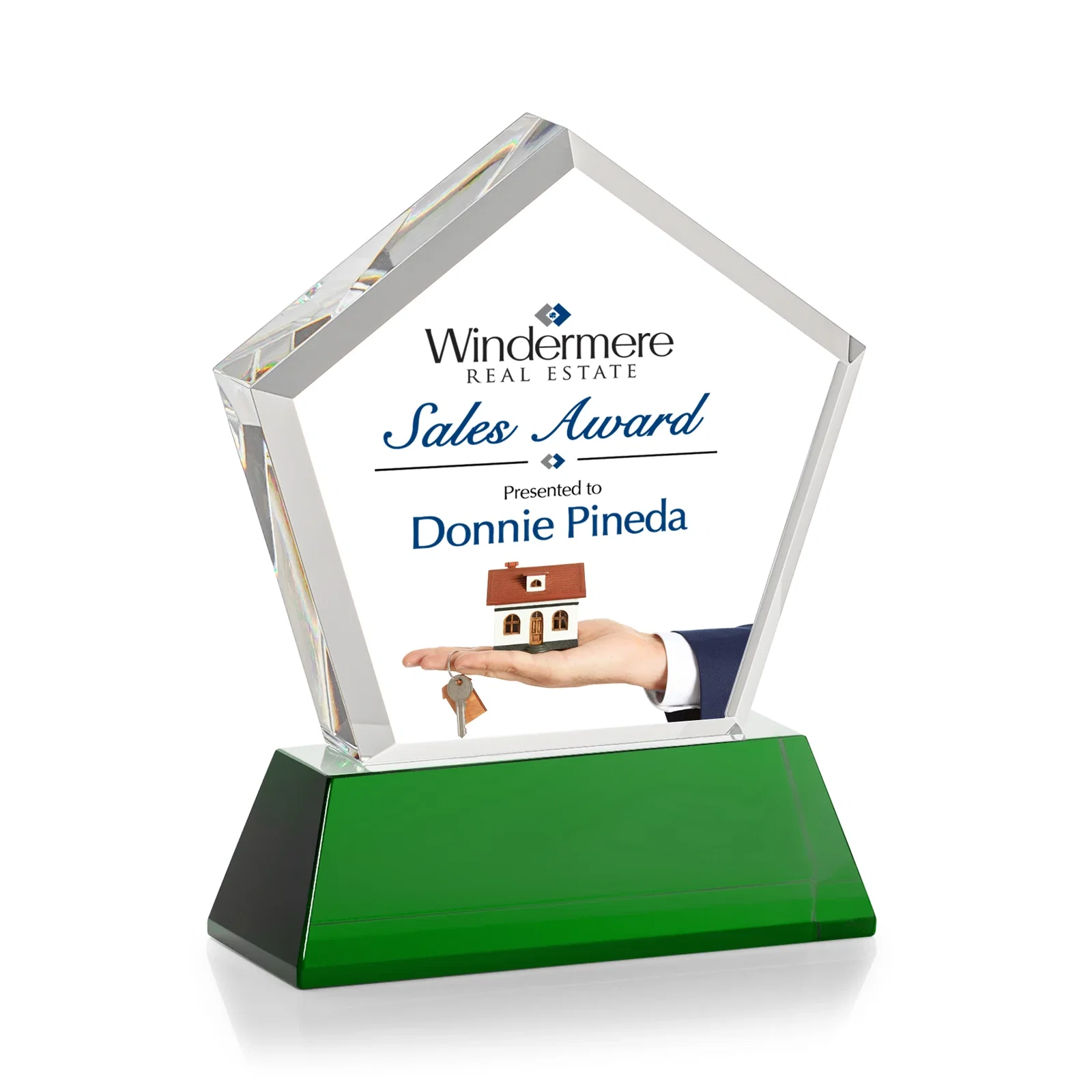 Custom Optical Crystal Pentagon Award with Beveled Frame on Tapered Base, awards, with your logo for safety achievement programs