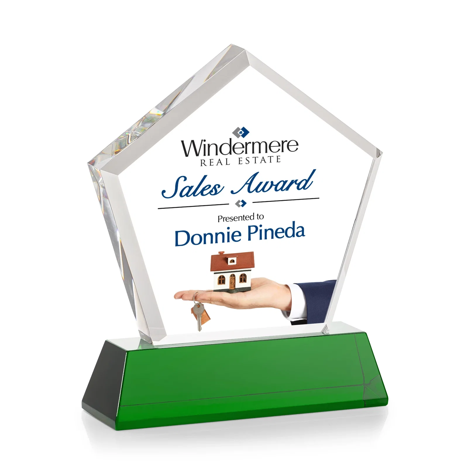 Custom Optical Crystal Pentagon Award with Beveled Frame on Tapered Base, awards, with your logo for volunteer appreciation