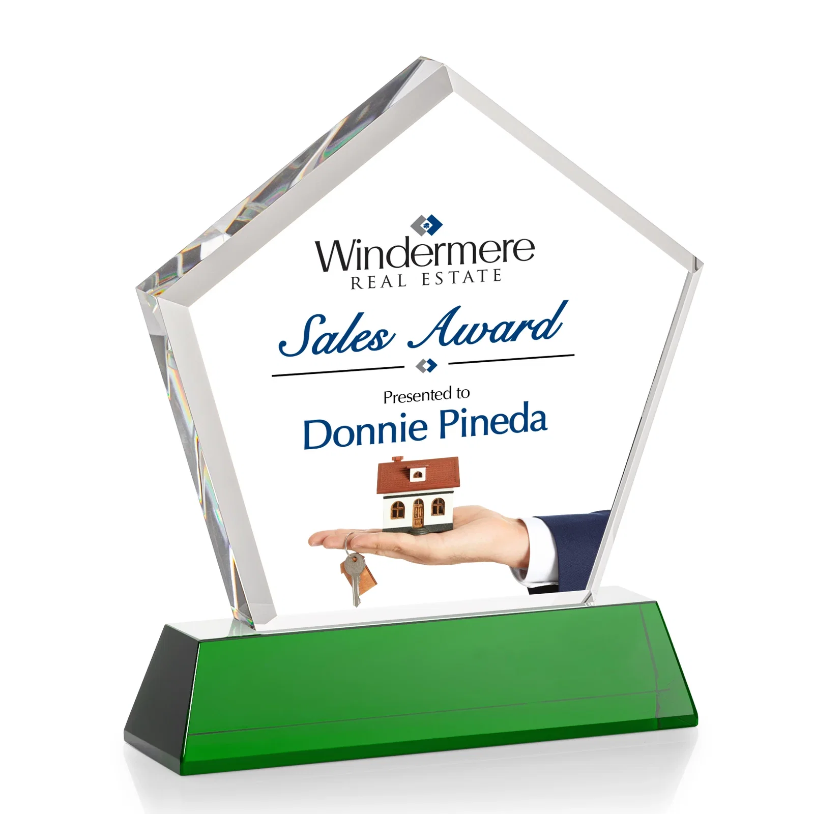 Custom Optical Crystal Pentagon Award with Beveled Frame on Tapered Base, awards, with your logo for dealer and partner awards