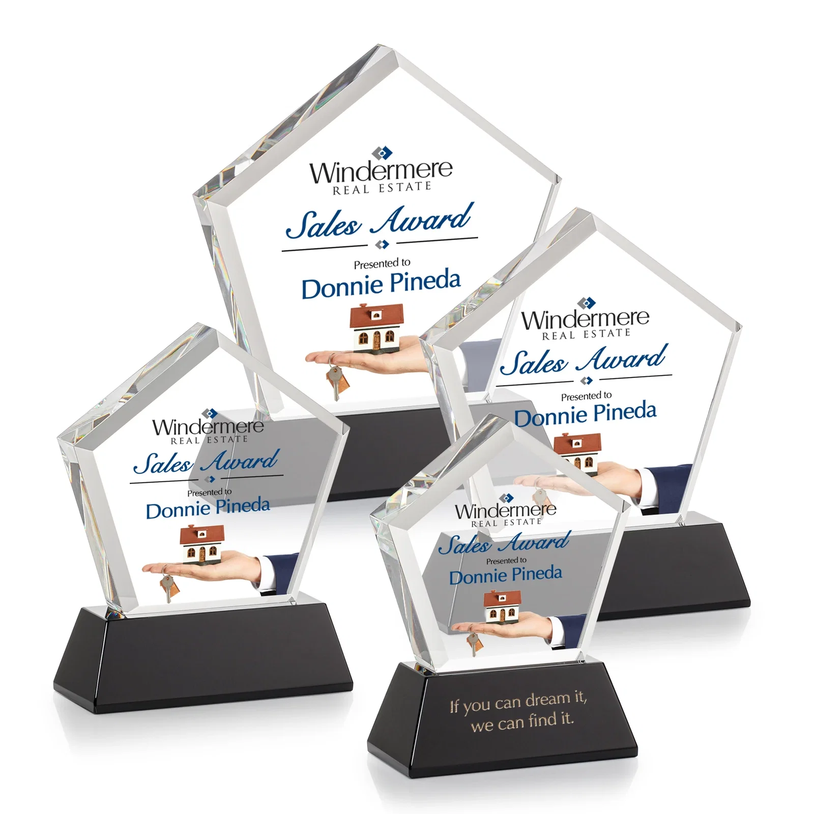 Custom Optical Crystal Pentagon Award with Beveled Frame on Tapered Base, awards, with your logo for company anniversary events