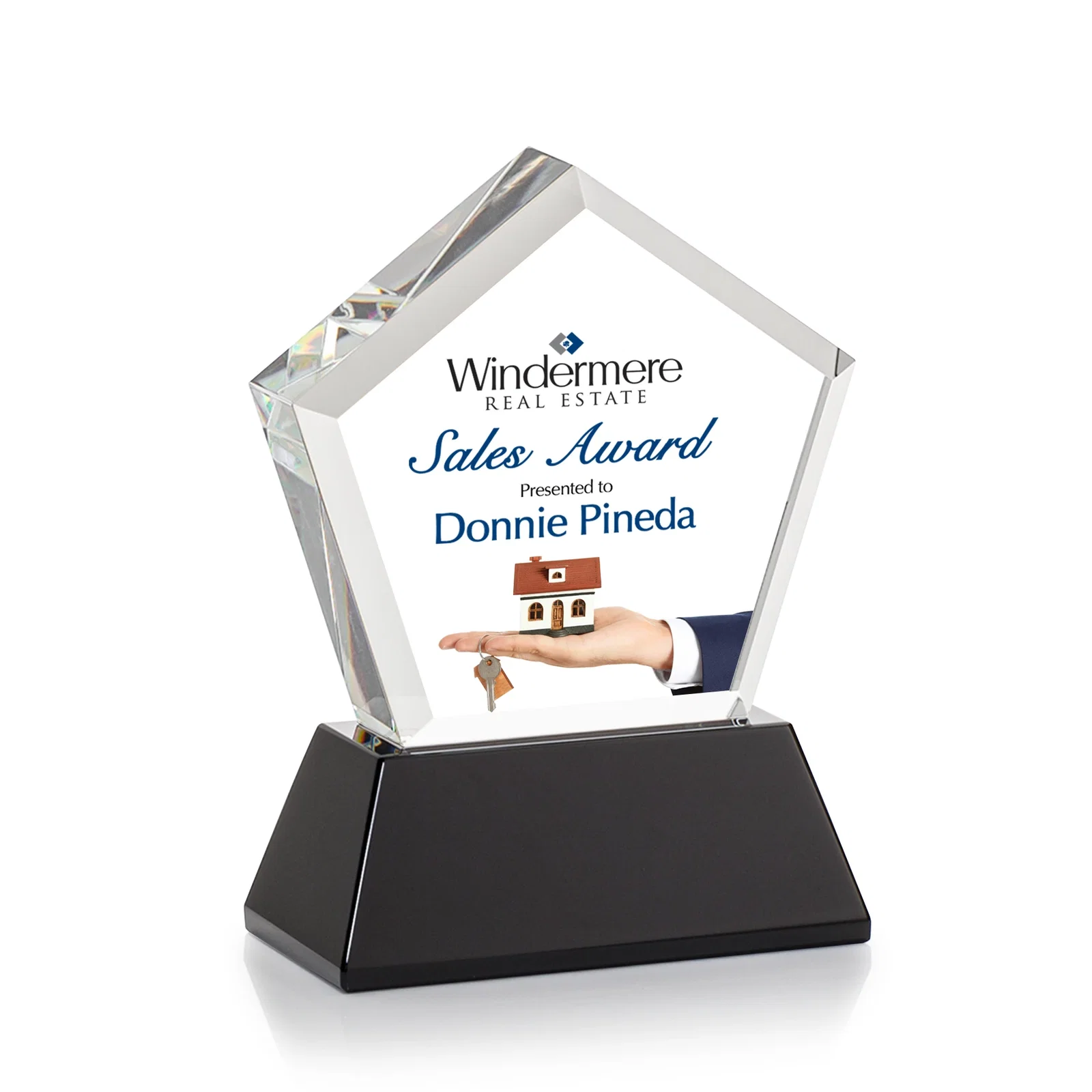 Personalized Optical Crystal Pentagon Award with Beveled Frame on Tapered Base, awards, with your logo for employee recognition