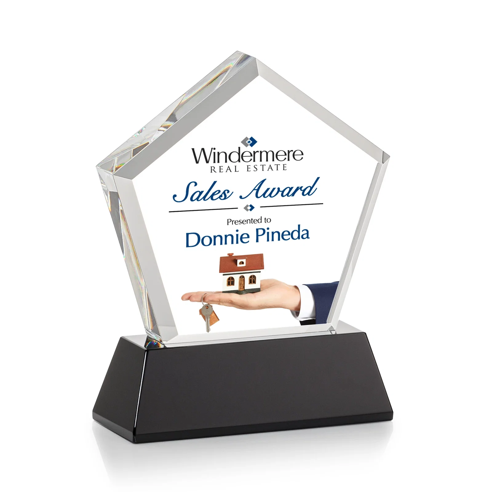 Personalized Optical Crystal Pentagon Award with Beveled Frame on Tapered Base, awards, with your logo for corporate award ceremonies