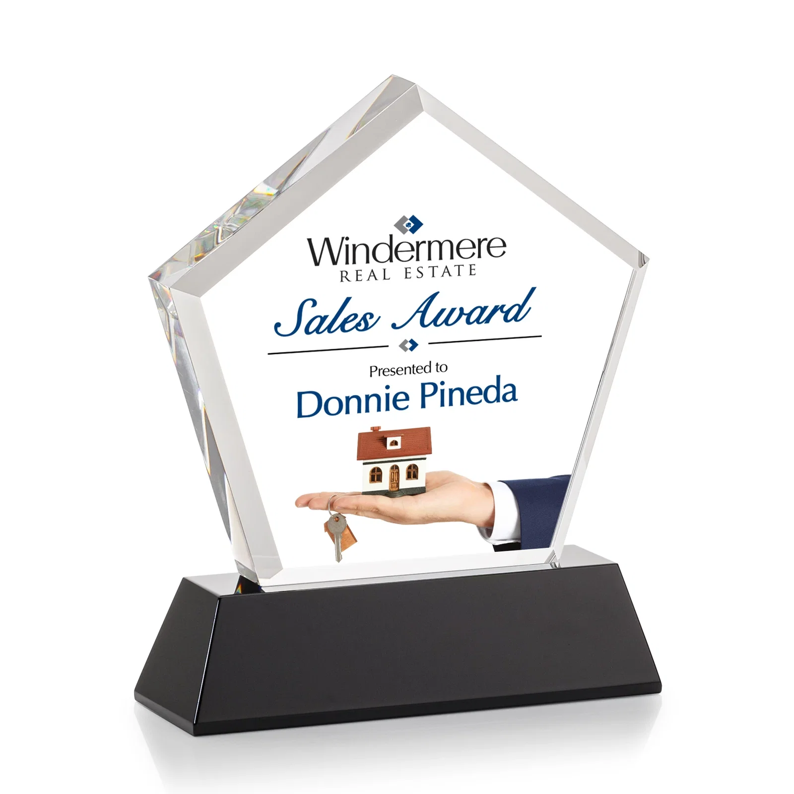 Personalized Optical Crystal Pentagon Award with Beveled Frame on Tapered Base, awards, with your logo for service anniversary gifts