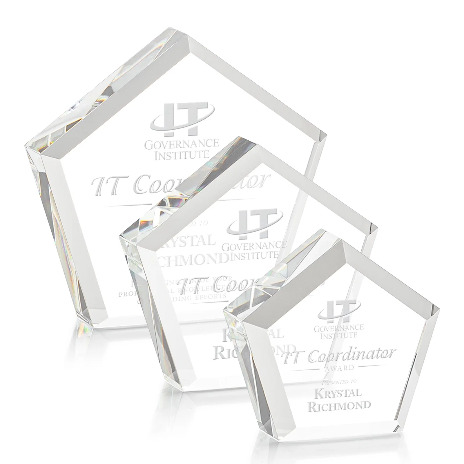 Custom Optical Crystal Pentagon Block Award, Faceted on Every Side, desk awards for employee recognition