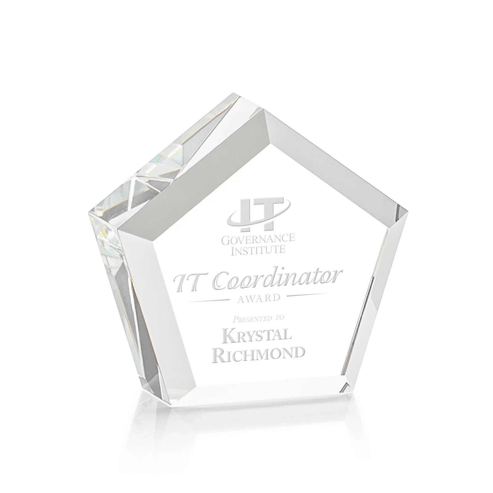 Custom Optical Crystal Pentagon Block Award, Faceted on Every Side, desk awards for corporate award ceremonies