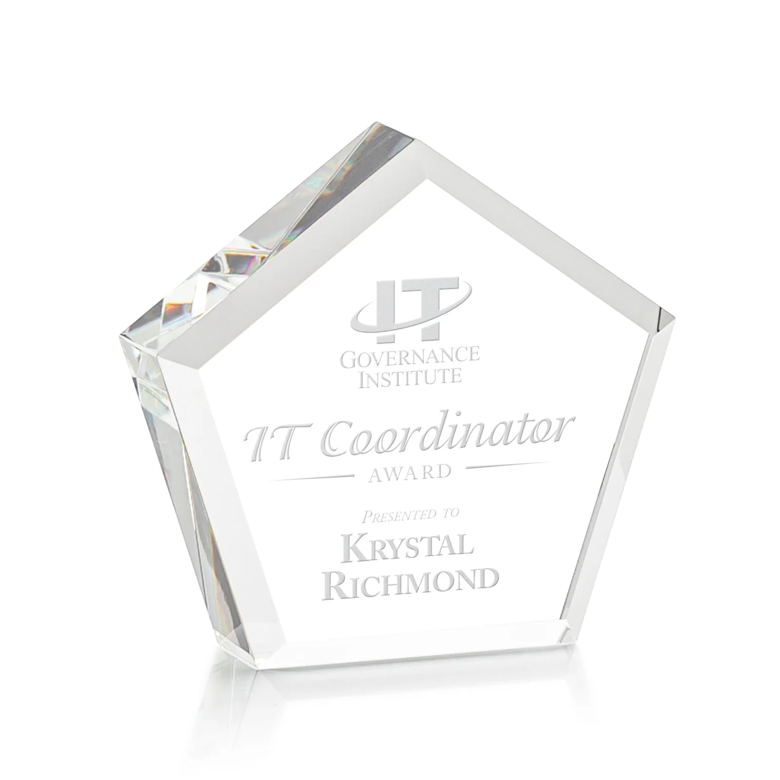 Custom Optical Crystal Pentagon Block Award, Faceted on Every Side, desk awards for service anniversary gifts