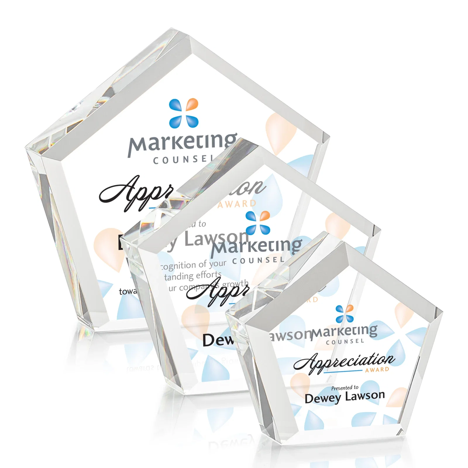 Custom Optical Crystal Pentagon Block Award, Faceted on Every Side, desk awards for retirement presentations