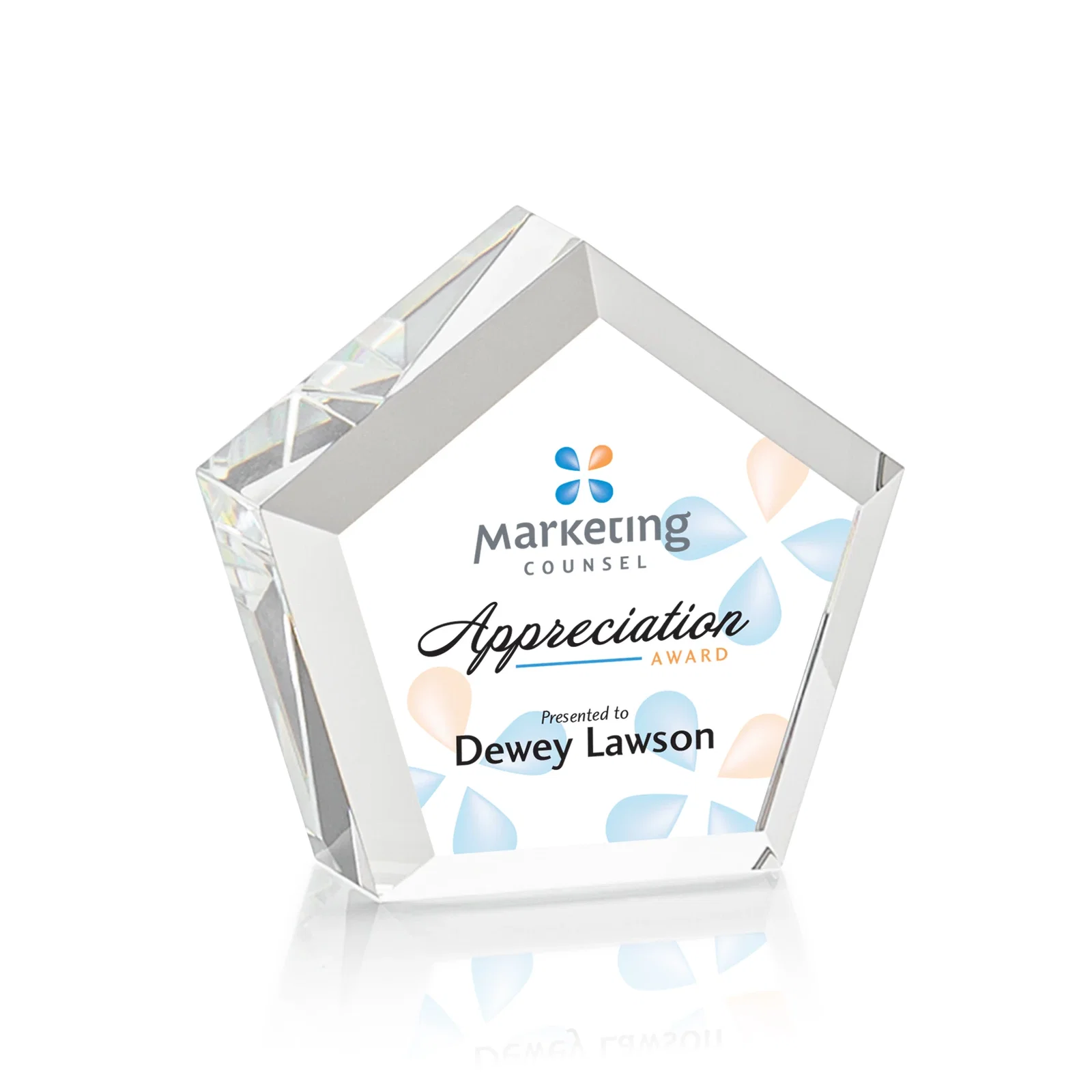 Custom Optical Crystal Pentagon Block Award, Faceted on Every Side, desk awards for team milestone celebrations