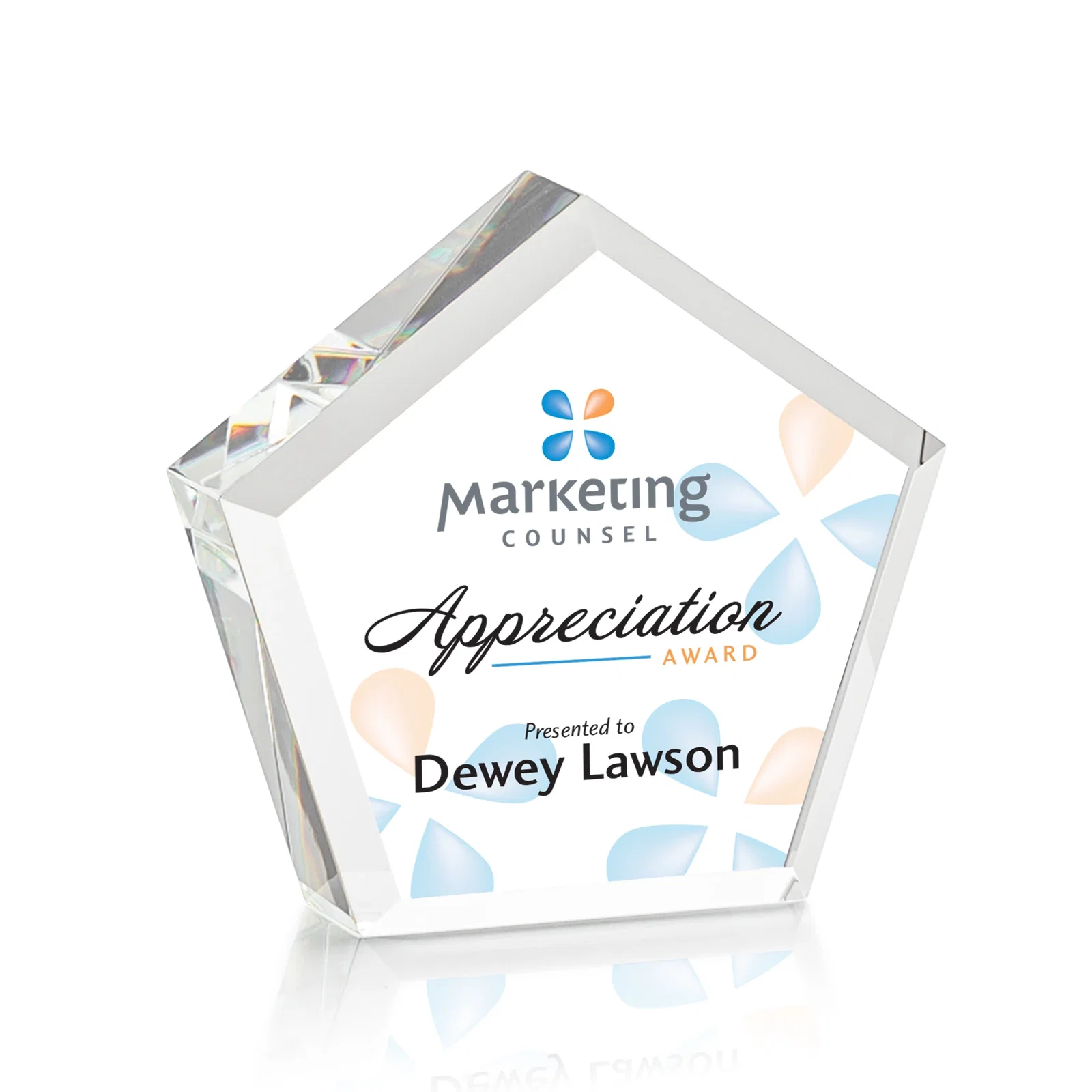 Custom Optical Crystal Pentagon Block Award, Faceted on Every Side, desk awards for donor appreciation