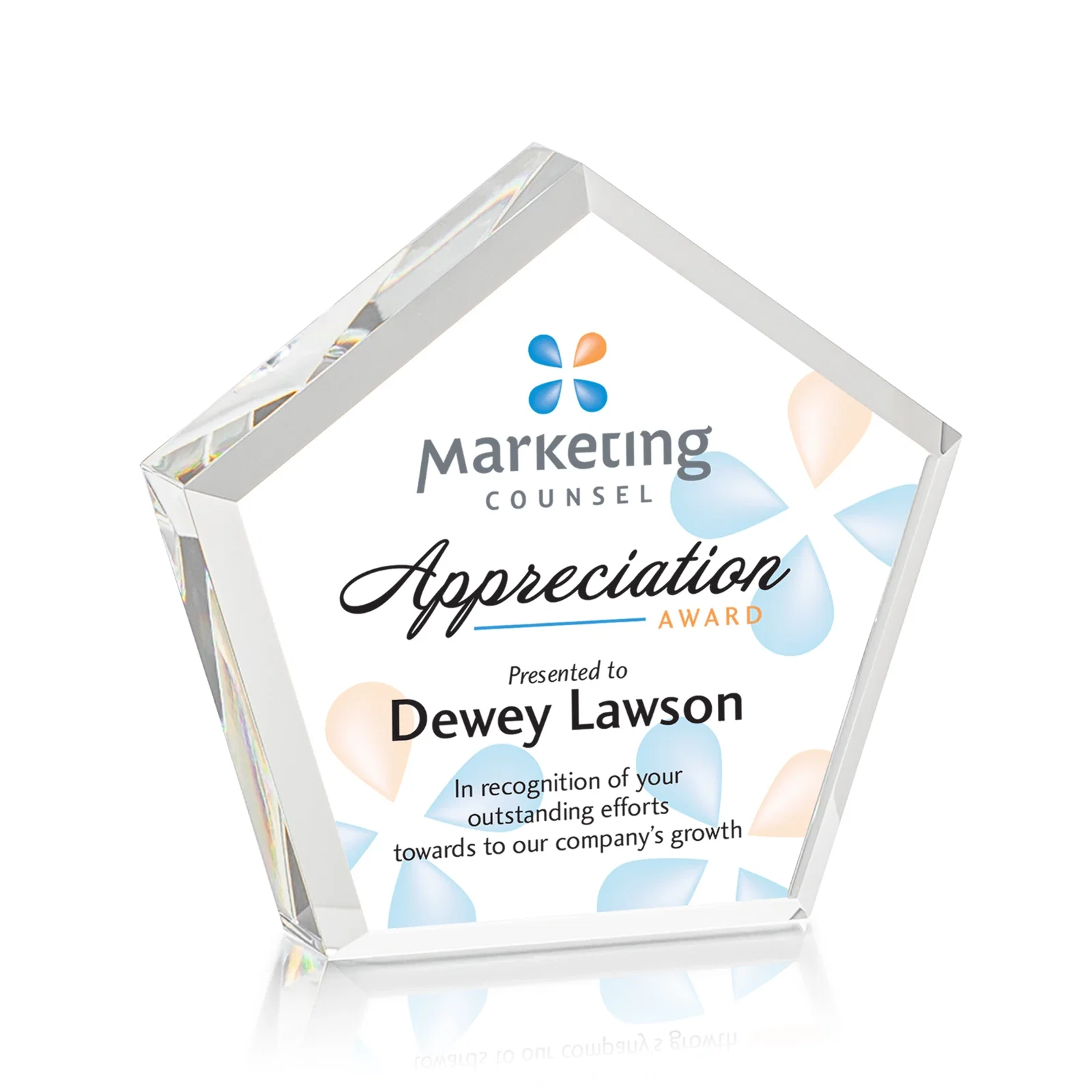 Custom Optical Crystal Pentagon Block Award, Faceted on Every Side, desk awards for graduation ceremonies